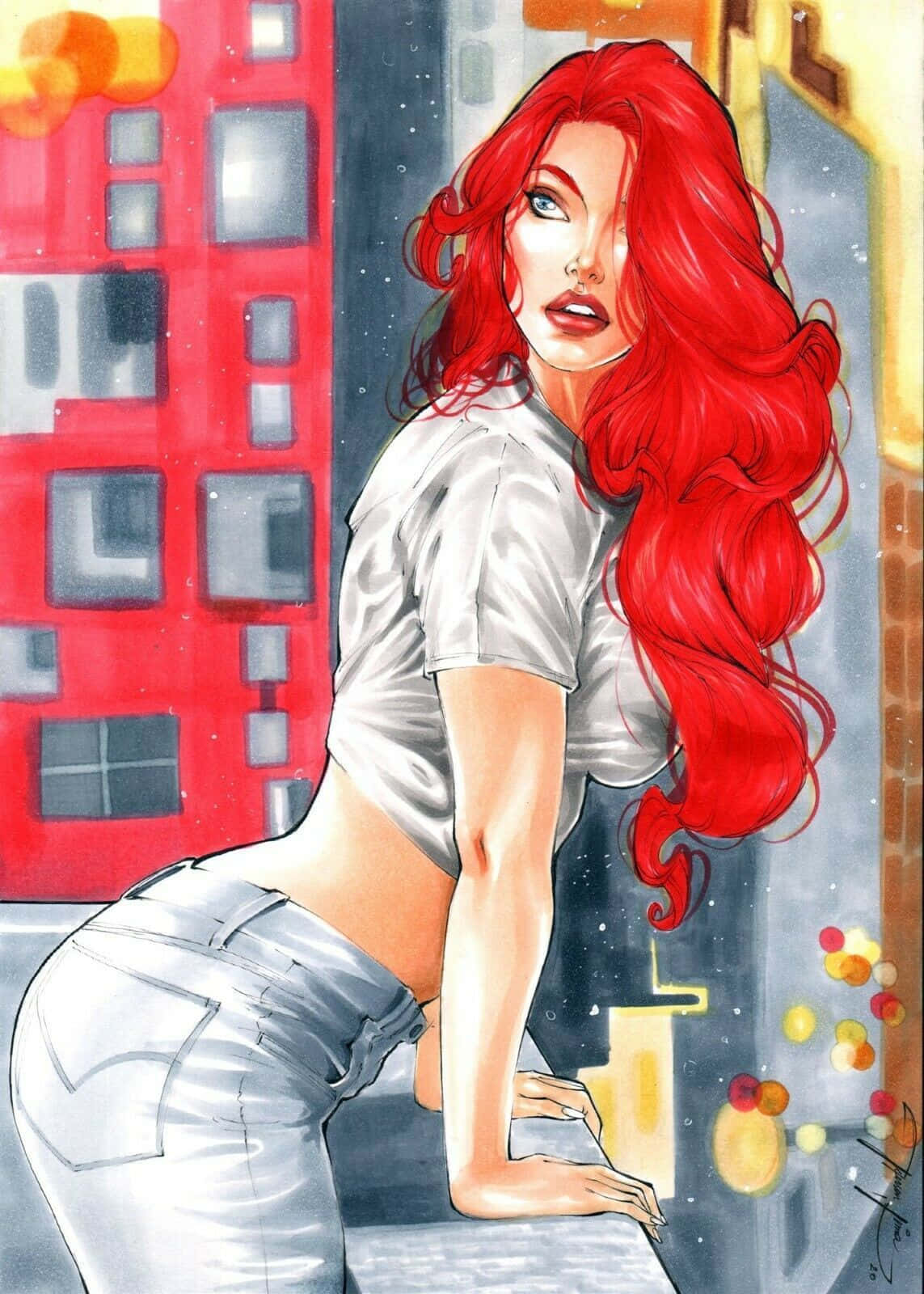 Mary Jane 桌布 壁紙 — 一位引人注目的紅髮女子身穿銀色服裝，靠在一棟擁有鮮豔紅灰色建築風格的城市建築上。