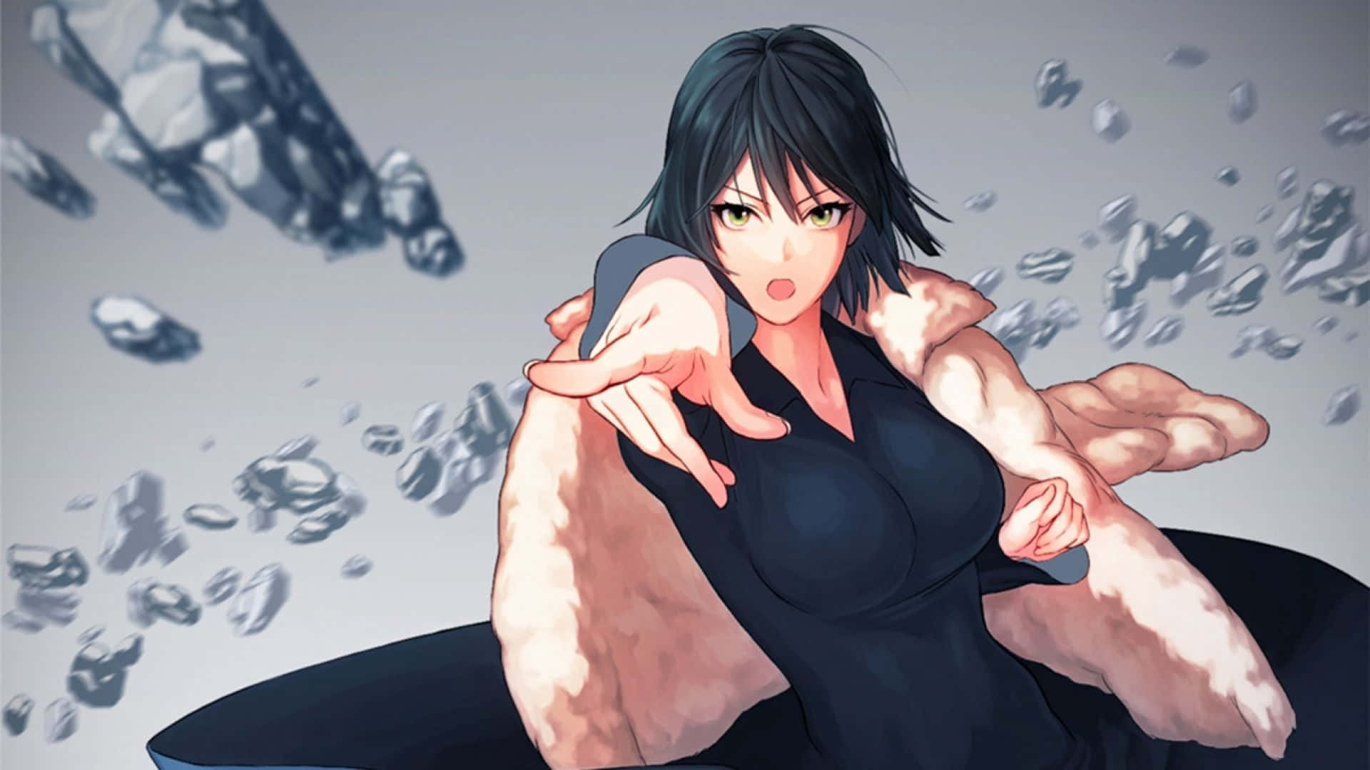 Fubuki 桌布 壁紙 — 一位強大的動漫女性，黑髮綠眼，伸出手，周圍漂浮著岩石，姿勢充滿動感。