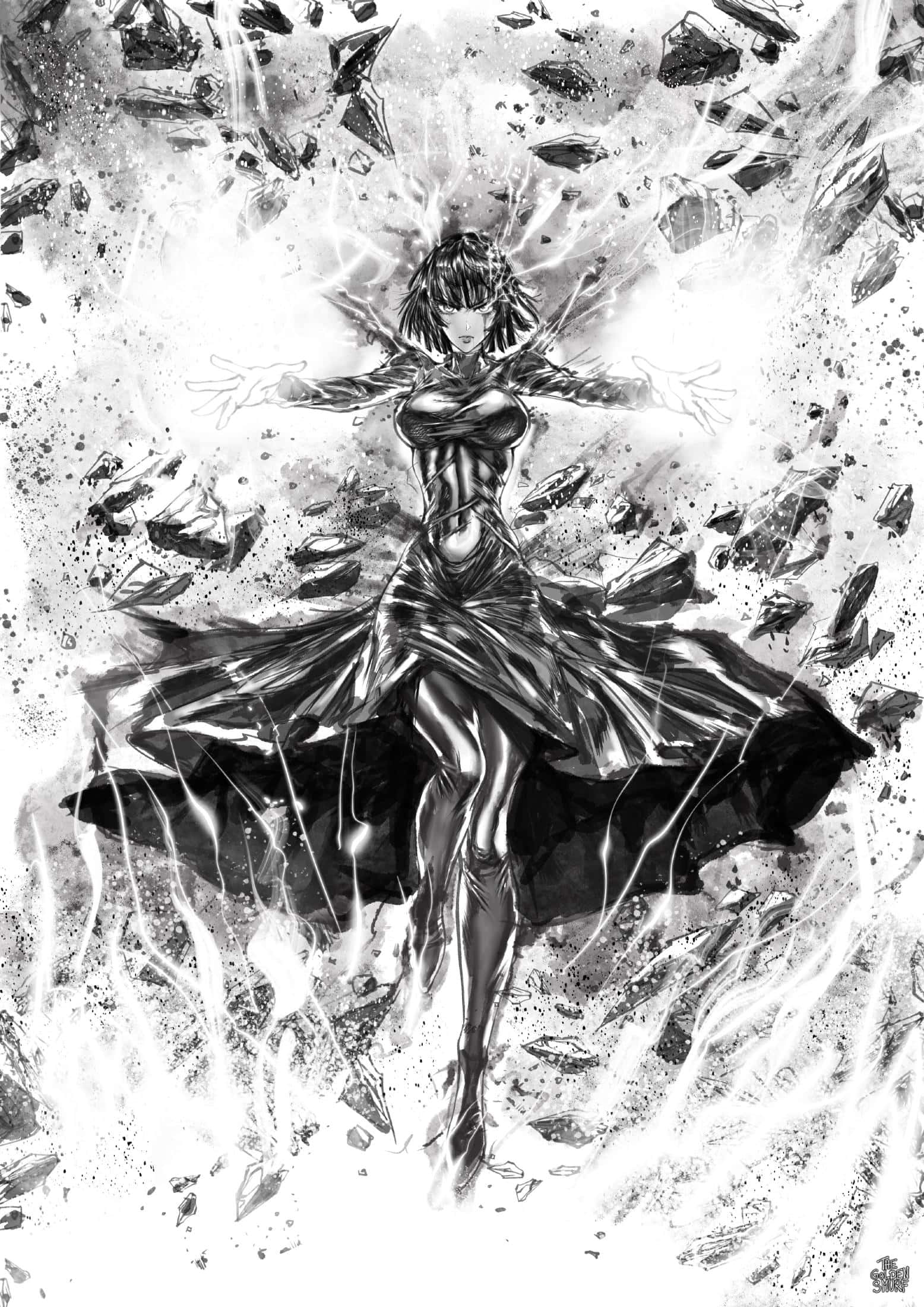 Fubuki 桌布 壁紙 — 一位強大的動漫女性穿著飄逸的連衣裙，站在破碎的碎片和發光的能量中，雙臂伸展，呈現動態的黑白插圖。