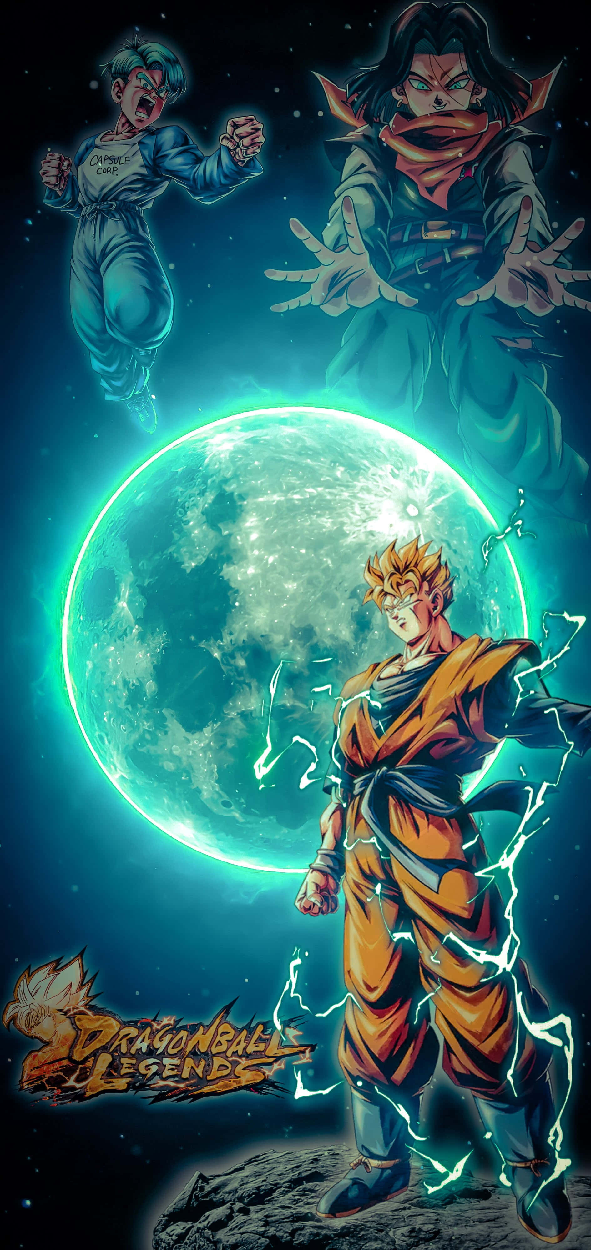 Dragon Ball Legends 桌布 壁紙 — 一位強大的動漫戰士，周圍閃電噼啪作響，站在發光的月亮前，另外兩名戰士在宇宙戰鬥場景中懸浮在上方。