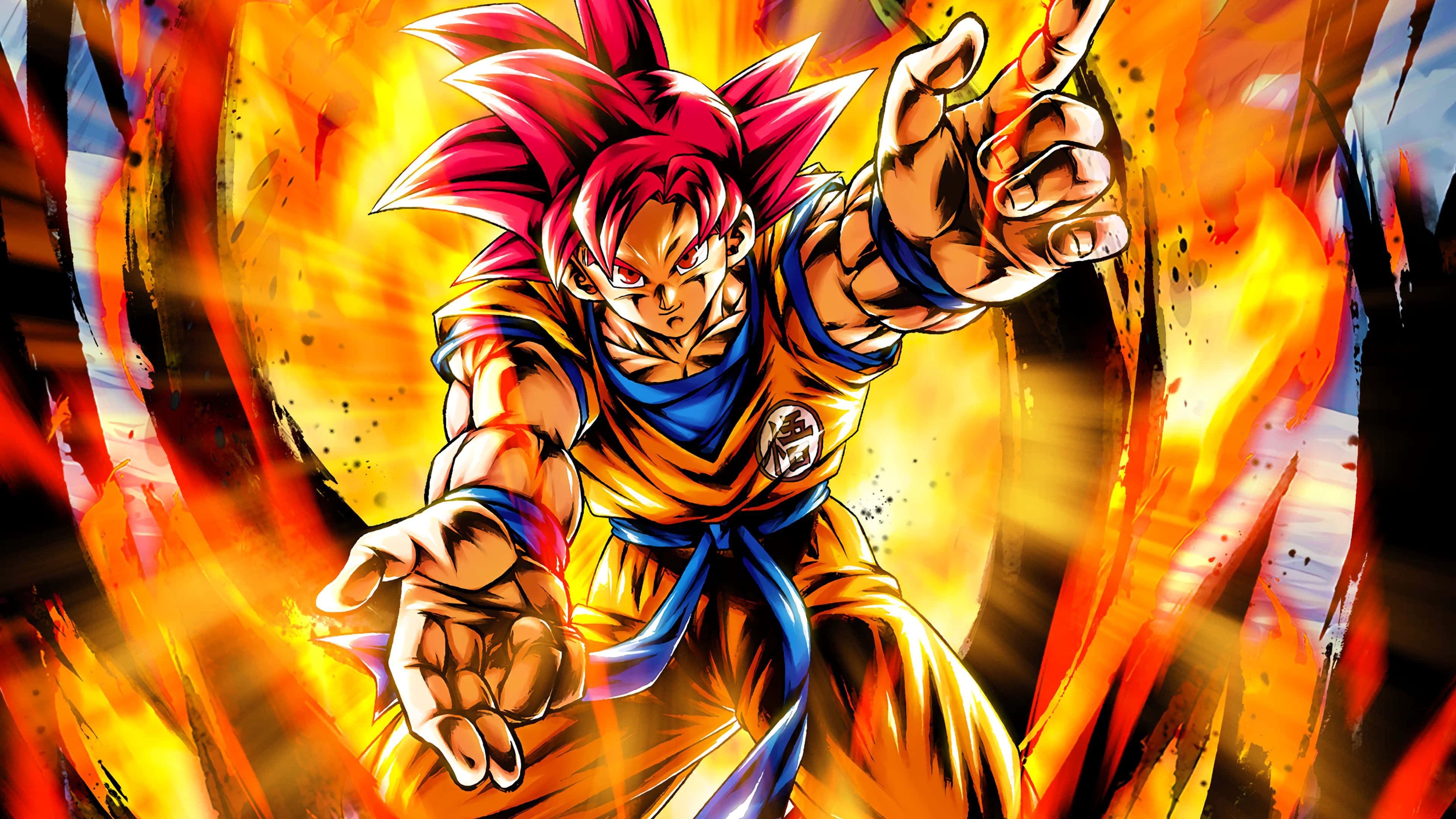 Super Saiyan God 桌布 壁紙 — 一位強大的動漫戰士，擁有尖刺的粉紅色頭髮和橙色道服，在熾熱的背景前釋放出火焰能量爆炸。