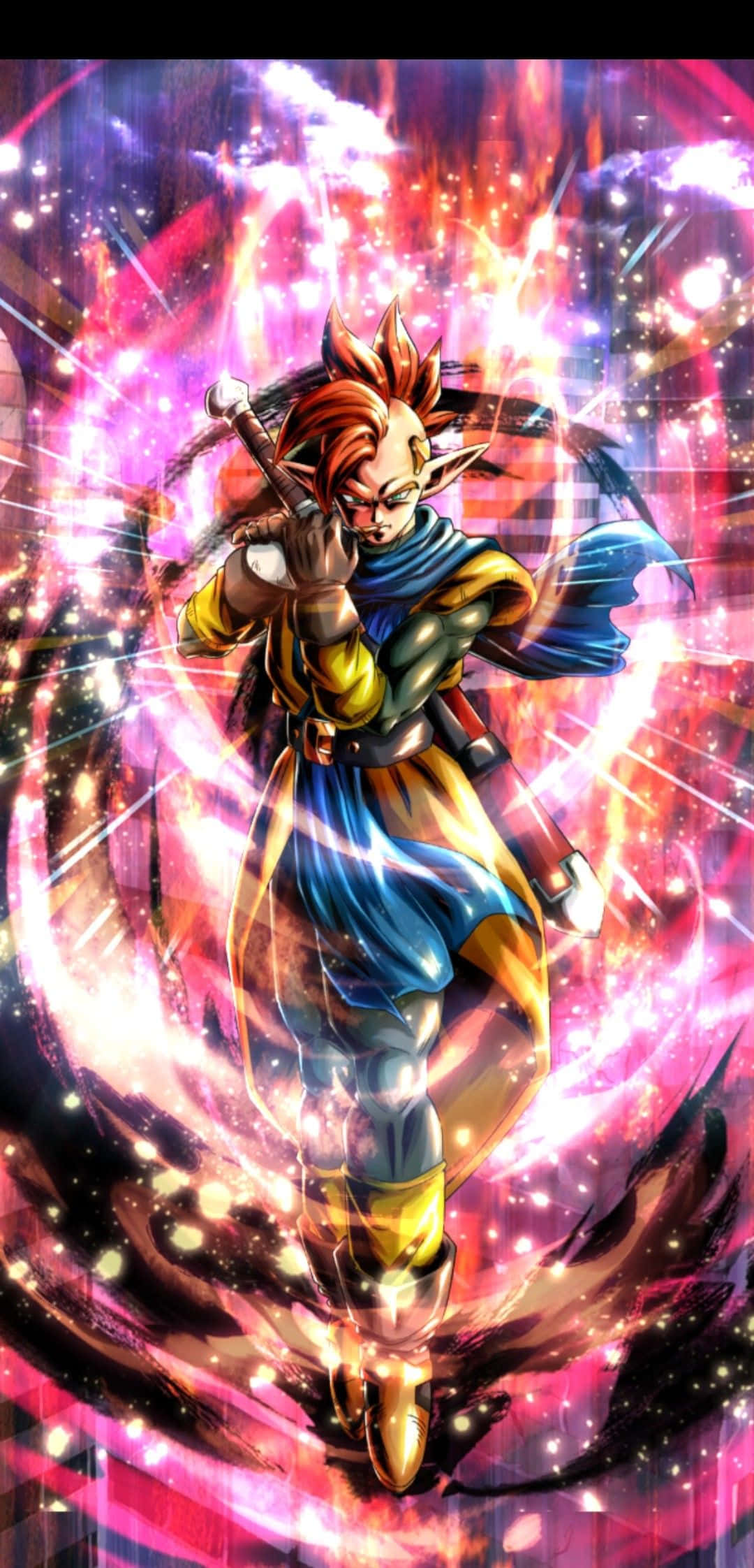 Tapion 桌布 壁紙 — 一位強大的動漫戰士，擁有尖刺的紅髮和藍色披風，在旋轉的宇宙能量和耀眼的光線中動態站立。