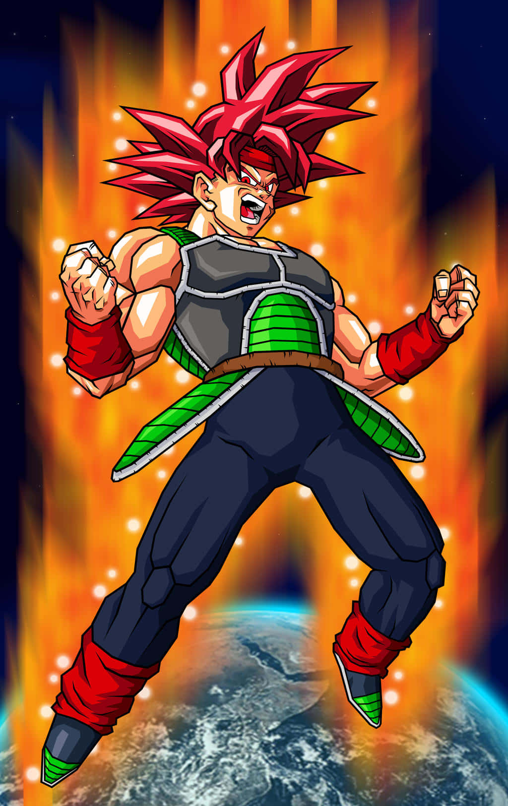 Bardock 桌布 壁紙 — 一位強大的動漫戰士，擁有尖刺的紅髮和綠色盔甲，在熾熱的宇宙背景下勝利地站在地球之上。