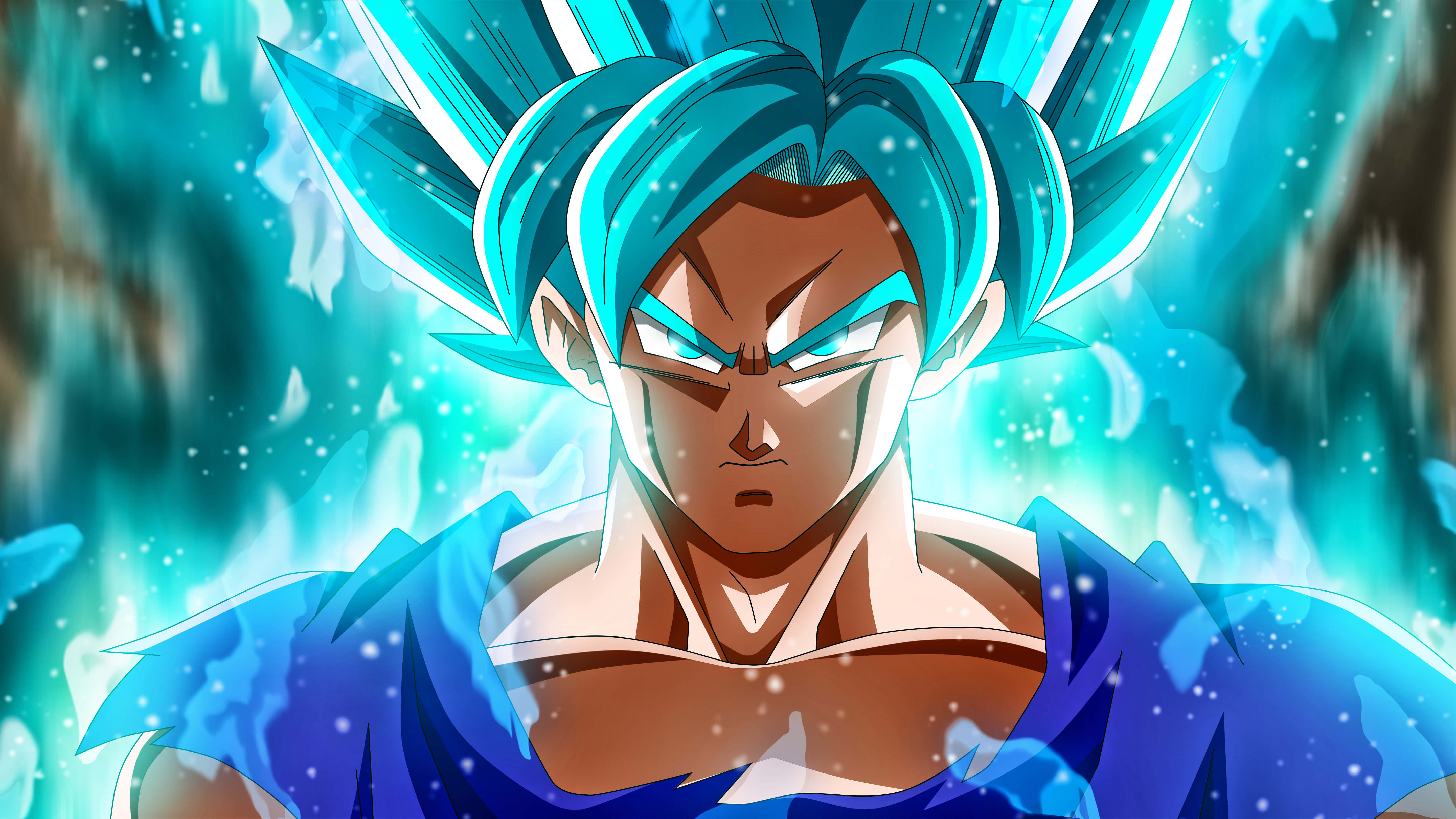 Super Saiyan Blue 桌布 壁紙 — 一位強大的動漫戰士，擁有尖刺的藍色頭髮和發光的眼睛，在旋轉的藍色和青色宇宙背景下散發能量。