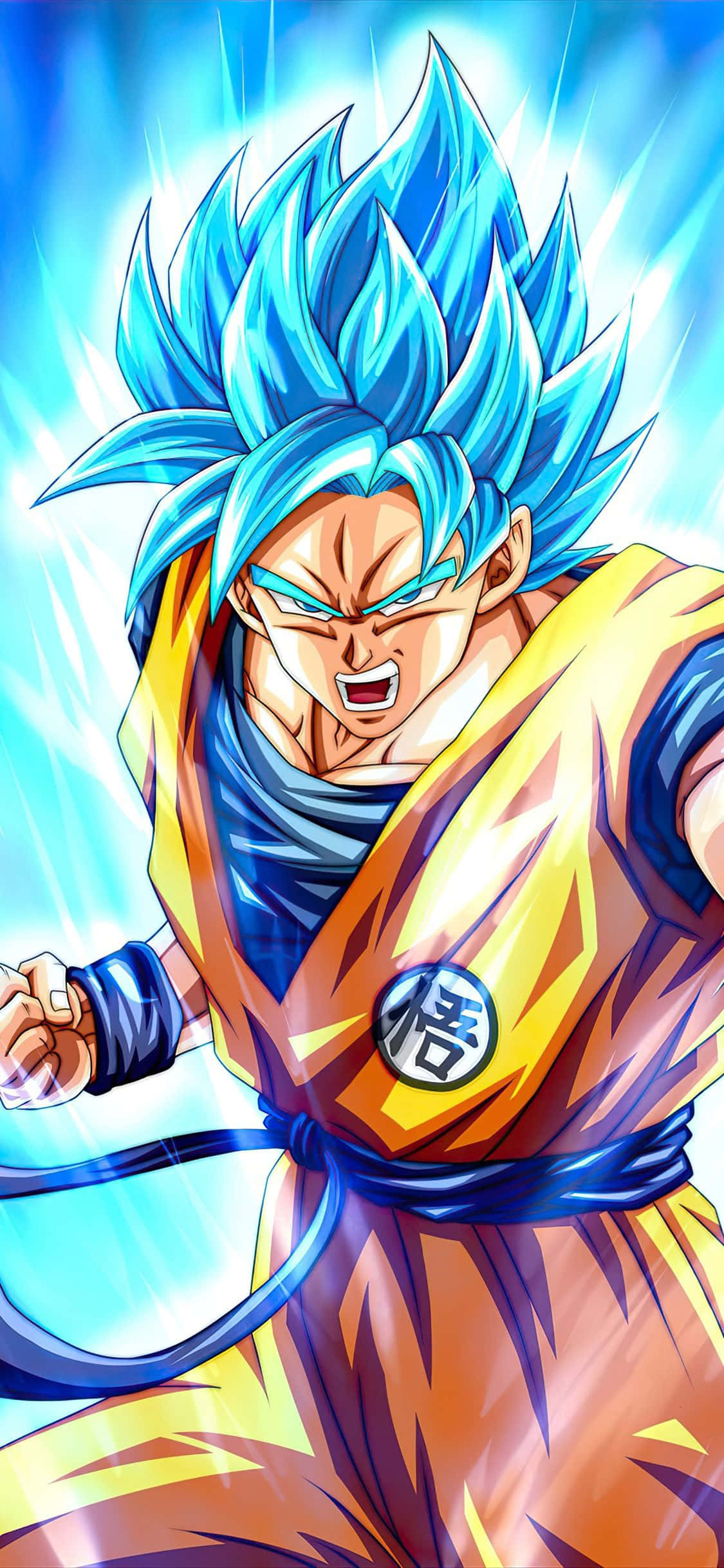 Dragon Ball iPhone 桌布 壁紙 — 一位強大的動漫戰士，擁有尖刺的藍色頭髮和橙色道服，在明亮的藍色背景前散發能量。