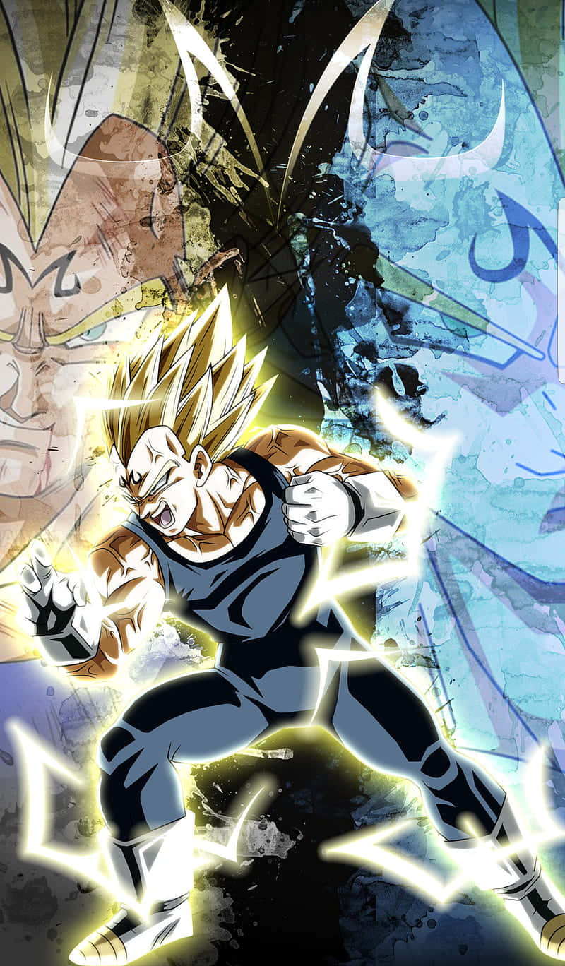 Vegeta Super Saiyan 2 桌布 壁紙 — 一位強大的動漫戰士，擁有尖刺的金色頭髮和發光的氣場，在破碎的背景前動態攻擊。