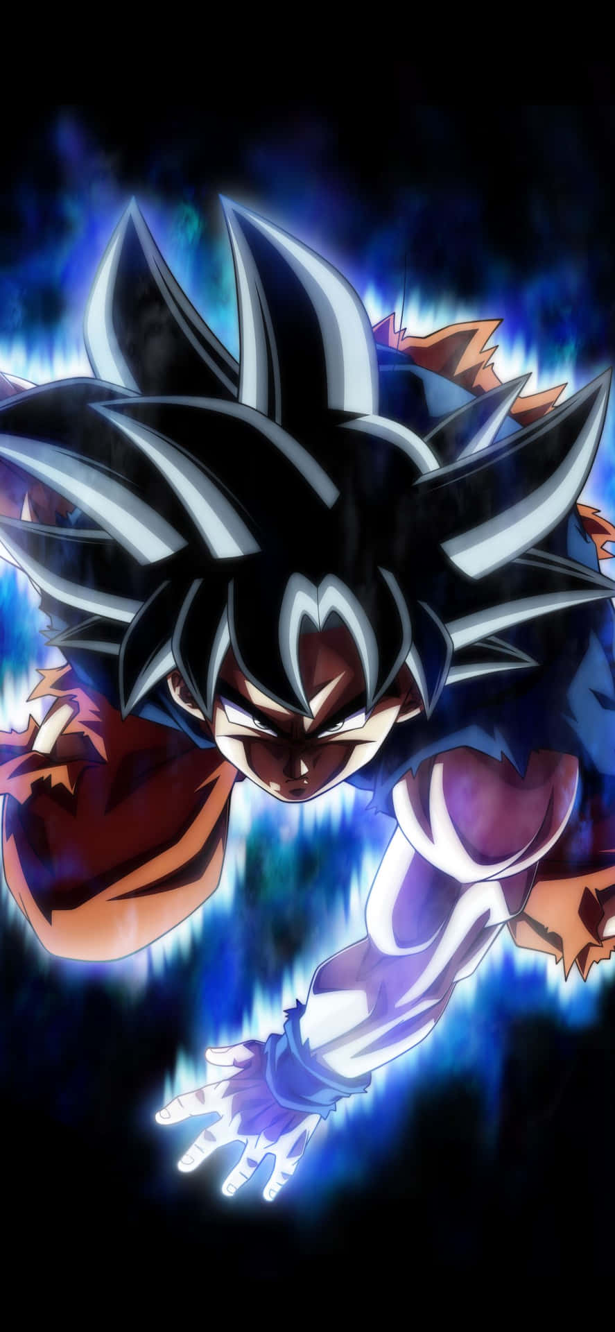 Dragon Ball iPhone 桌布 壁紙 — 一位強大的動漫戰士，擁有尖刺黑髮和發光的藍色光環，在黑暗的宇宙背景下向前衝刺。