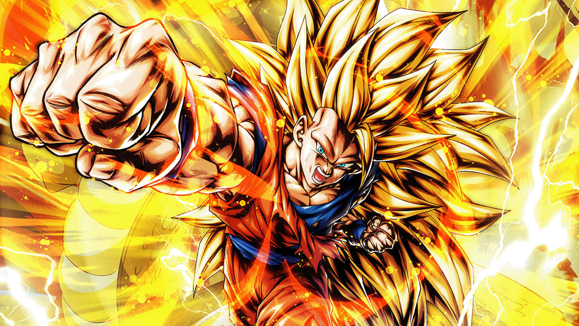Ssj3 桌布 壁紙 — 一位強大的動漫戰士，擁有金色尖刺頭髮和發光氣場，在帶有閃電的熾熱黃色背景上向前出拳。