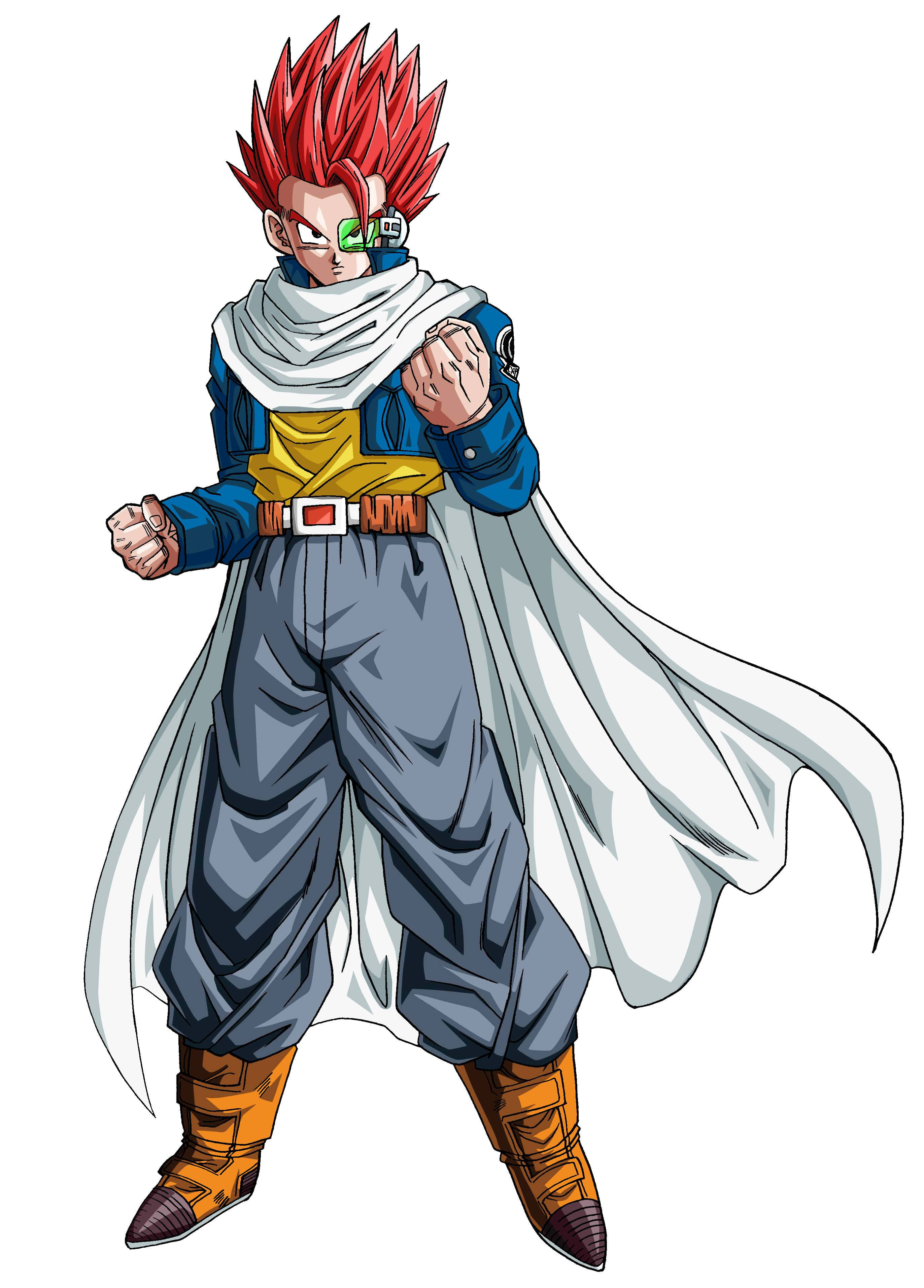 Dragon Ball Characters 桌布 壁紙 — 一位強大的動漫戰士，有著尖刺的紅髮和綠色眼罩，穿著藍色褲子、白色披風和橙色靴子，擺出戰鬥姿勢。