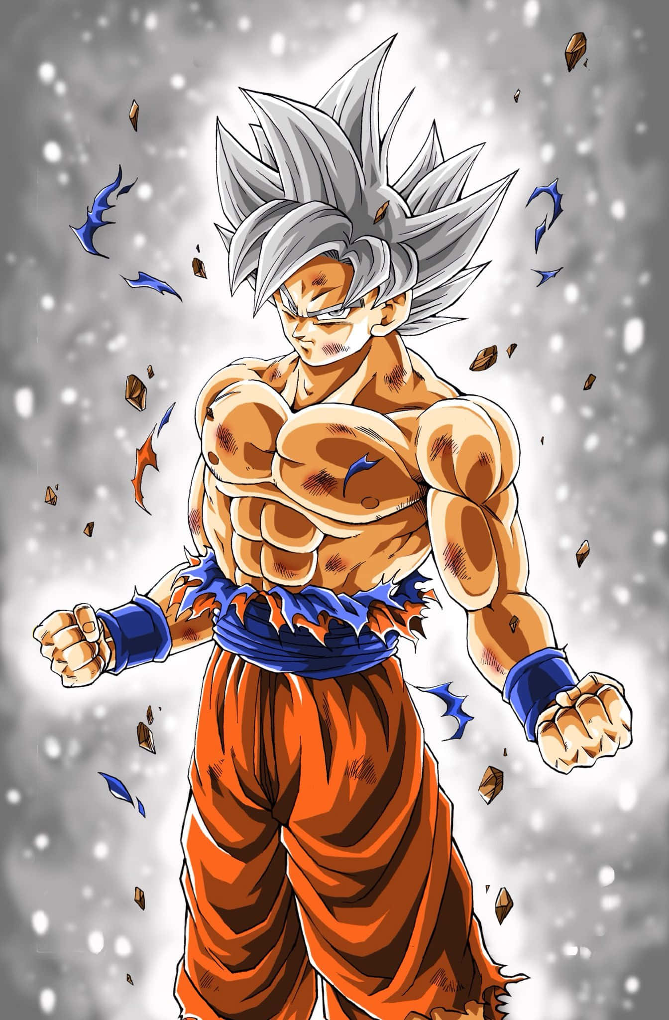 Mui Goku 桌布 壁紙 — 一位強大的動漫戰士，銀色頭髮，穿著橙色道服，站在破碎的瓦礫和飛散的碎片之中。