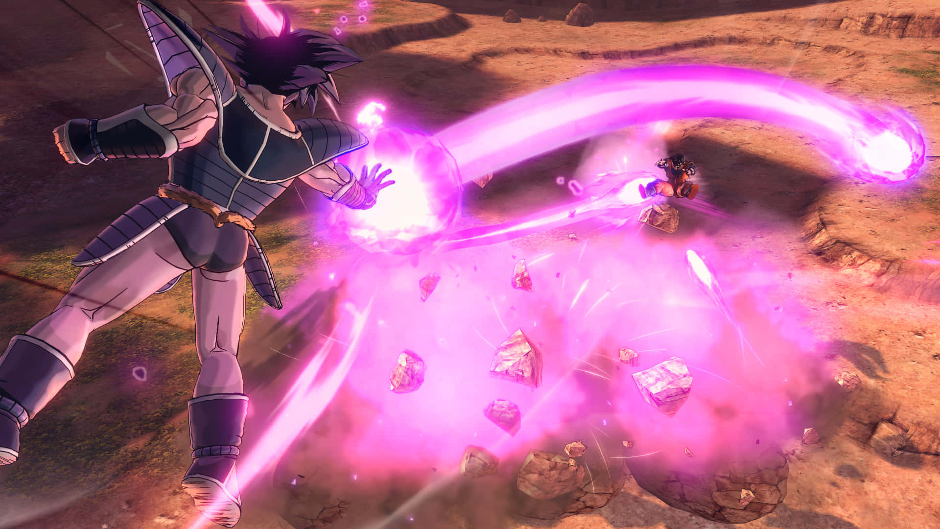 Dragon Ball Xenoverse 2 桌布 壁紙 — 一位強大的動漫戰士在岩石沙漠戰場上釋放出發光的紫色能量爆炸。