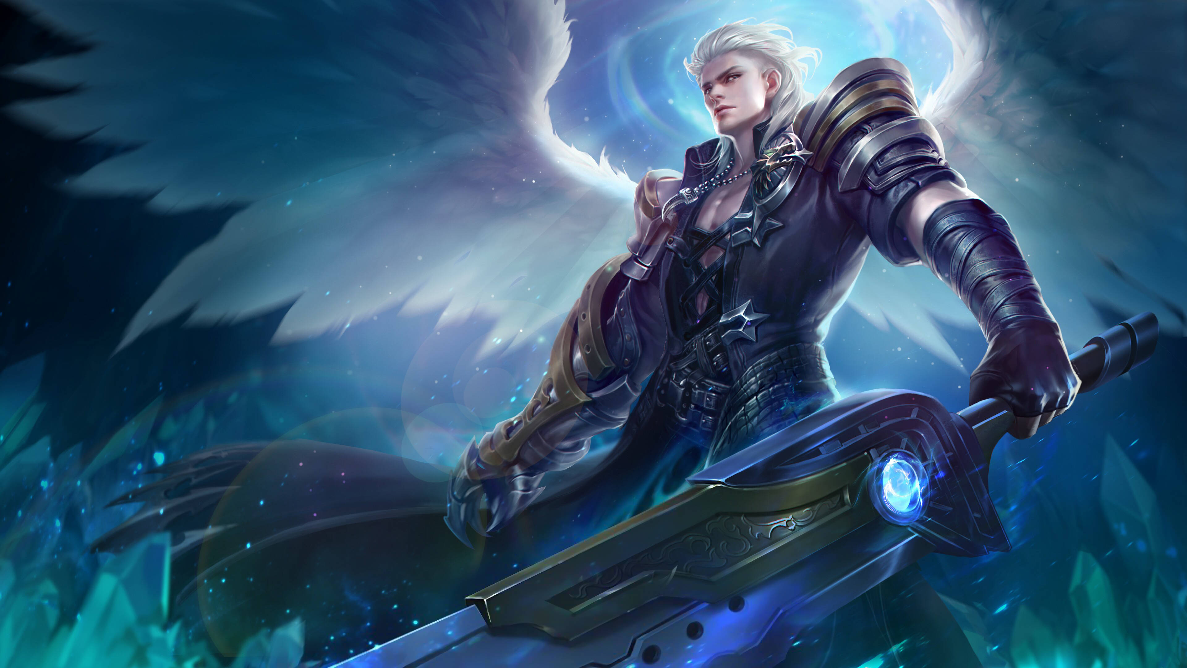 Mobile Legends 桌布 壁紙 — 一位強大的天使戰士，擁有白色翅膀，在神秘的藍色和青綠色背景下揮舞著發光的劍。