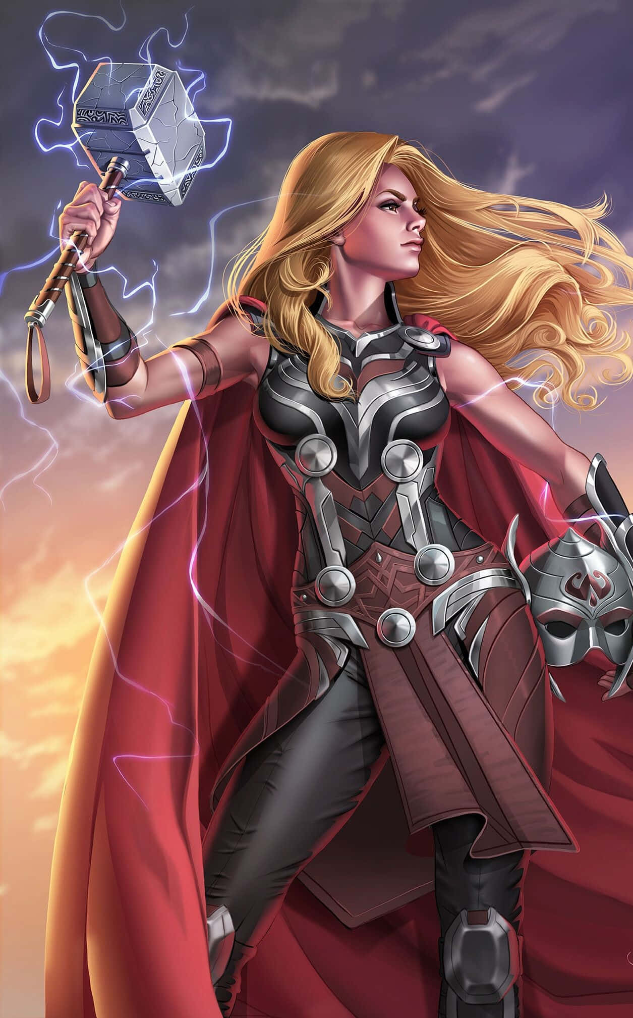 Jane Foster 桌布 壁紙 — 一位強大的女雷神揮舞著發光的錘子，對抗暴風雨的天空，她的紅色斗篷飄揚。