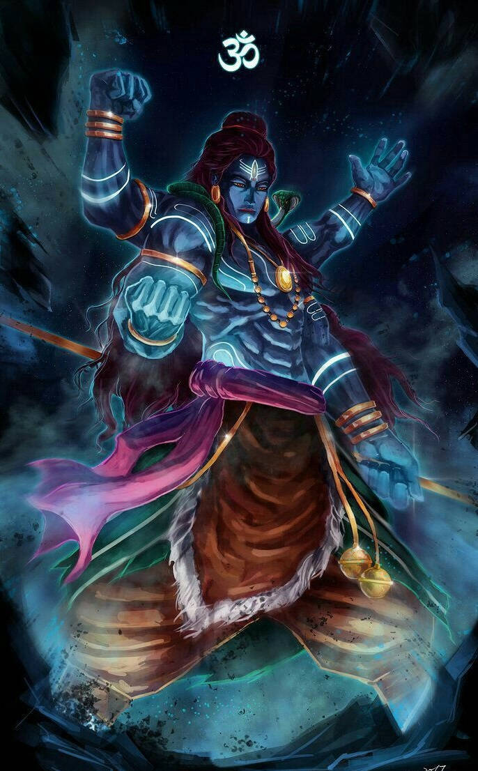 Lord Shiva 桌布 壁紙 — 一位強大的藍皮膚神祇，長著紅色長髮和發光的眼睛，站在宇宙風暴中，雙臂高舉，周圍環繞著旋轉的黑暗能量，上方有Om符號。
