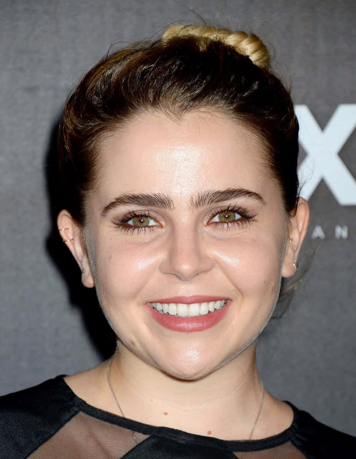 Mae Whitman 桌布 壁紙 — 一位微笑女士的 close-up 肖像，她有棕色眼睛和頭髮梳成頂髻，背景為灰色。