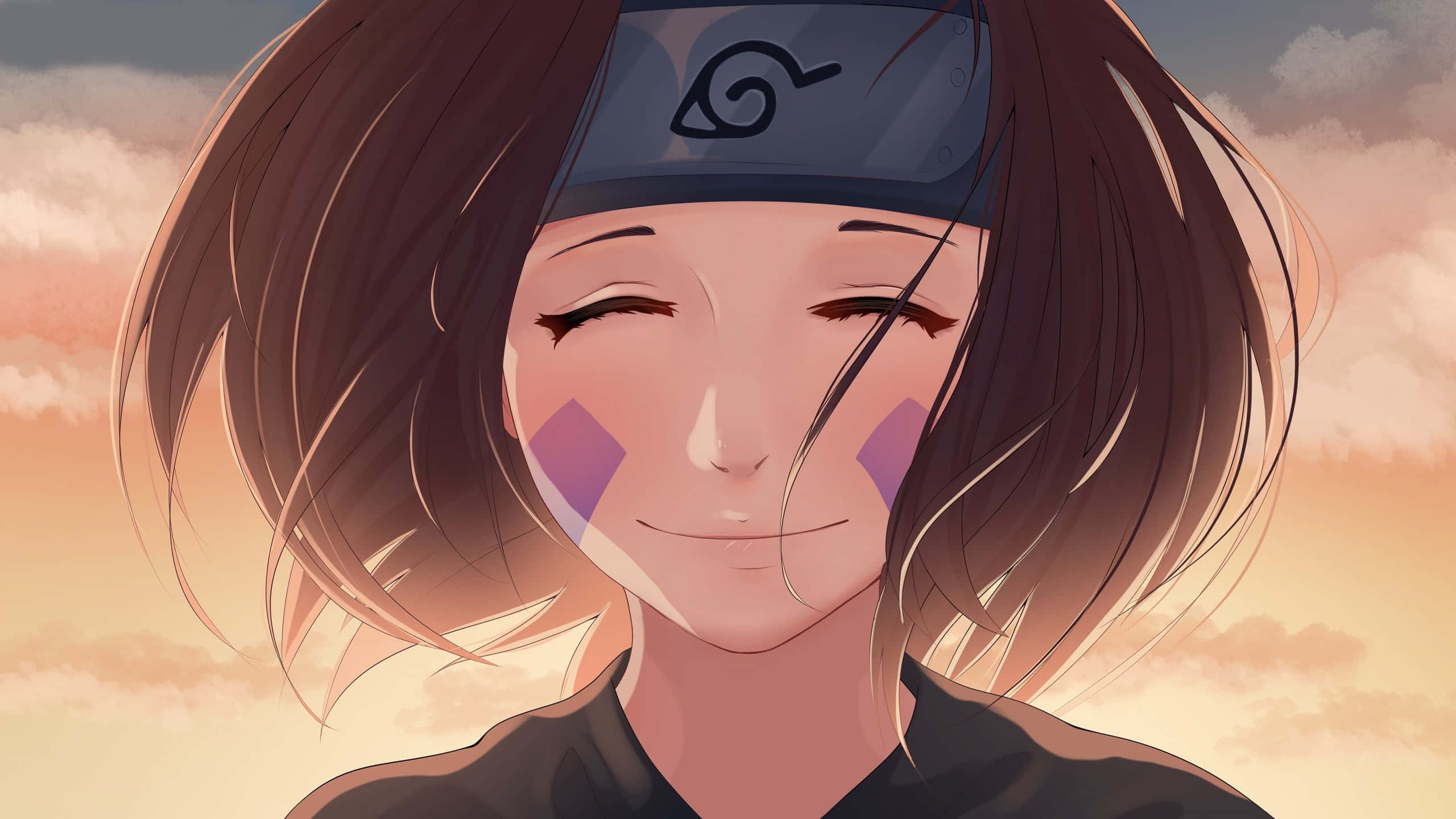 Rin Nohara 桌布 壁紙 — 一位微笑的動漫女孩，棕色頭髮和紫色臉頰標記，戴著頭帶，背景是溫暖的日落天空。