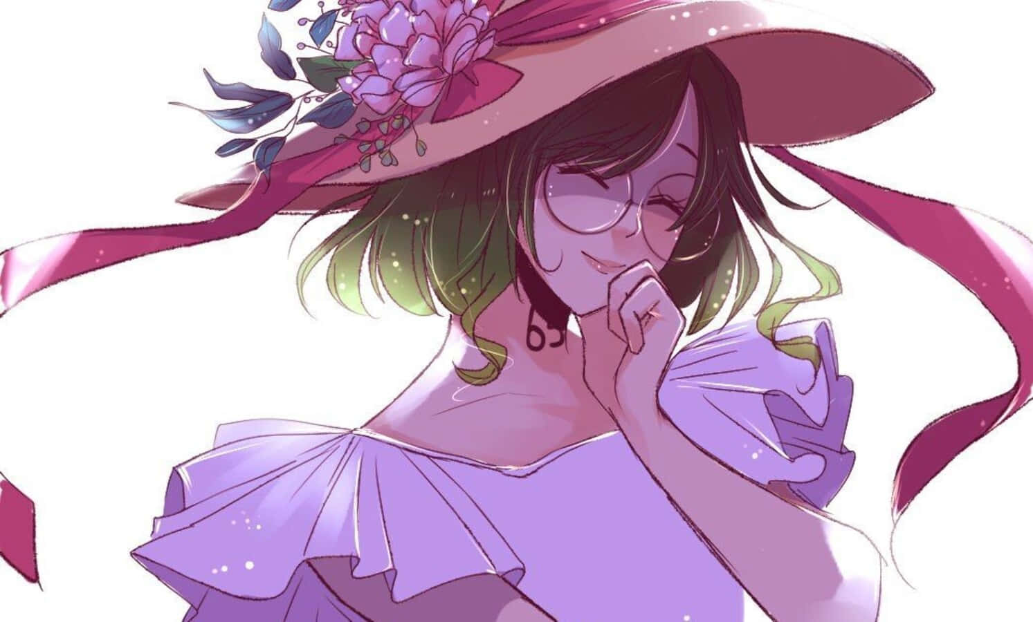 The Promised Neverland Gilda 桌布 壁紙 — 一位微笑的動漫女孩，綠色頭髮，戴著一頂裝飾著花朵的粉紅色大帽子，穿著紫色荷葉邊連衣裙，背景是明亮的白色。