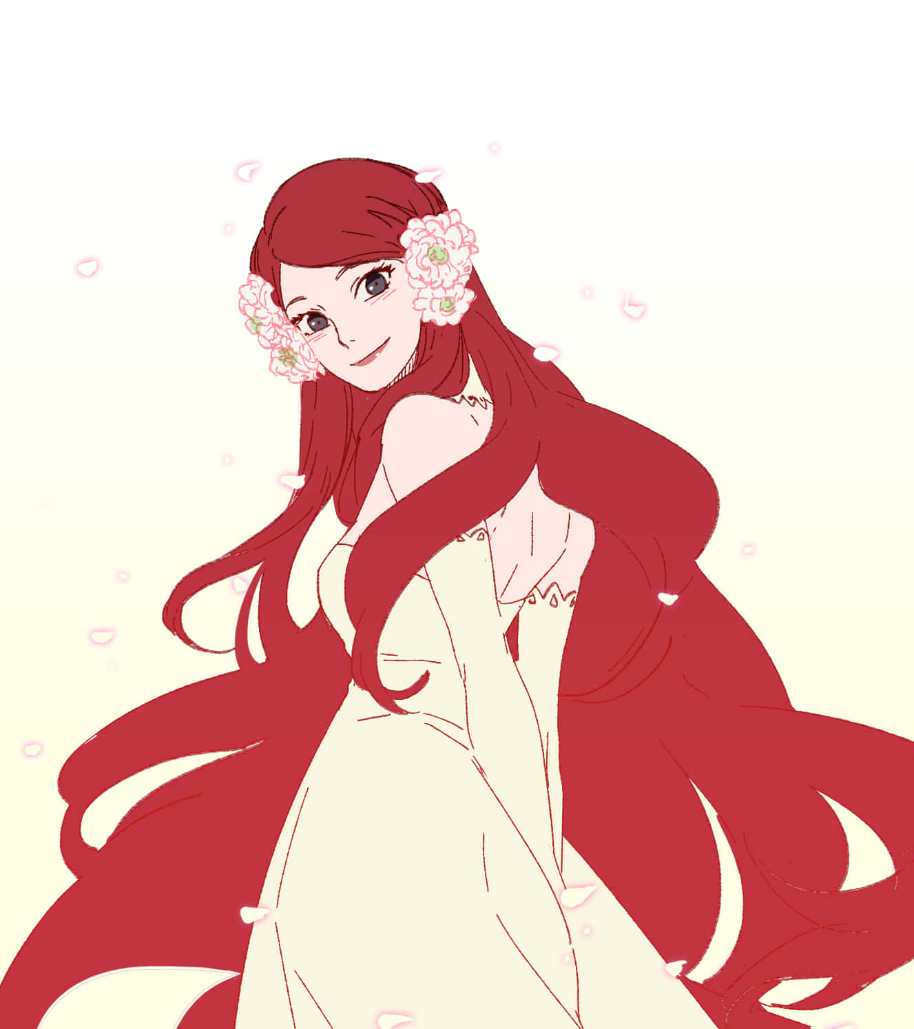 Kushina Uzumaki 桌布 壁紙 — 一位微笑的動漫女孩，長長的紅髮上點綴著粉紅花朵，穿著飄逸的奶油色連衣裙，背景是柔和的粉彩色。