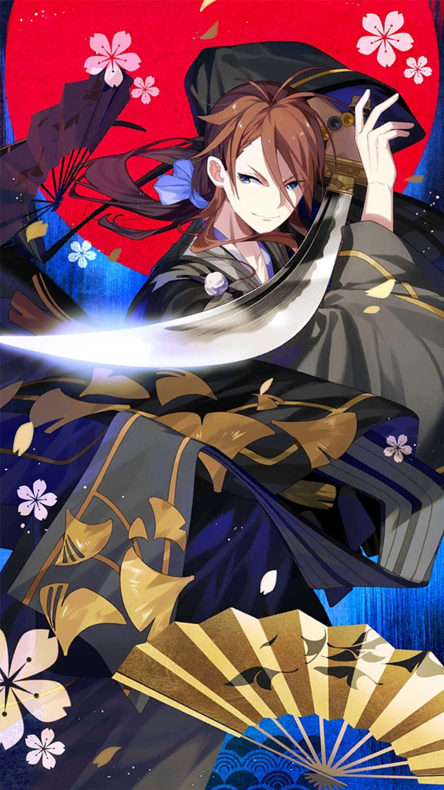 Wilhelm Van Astrea 桌布 壁紙 — 一位微笑的動漫武士穿著傳統服飾，在充滿活力的紅藍背景中手持發光的劍，周圍有櫻花。