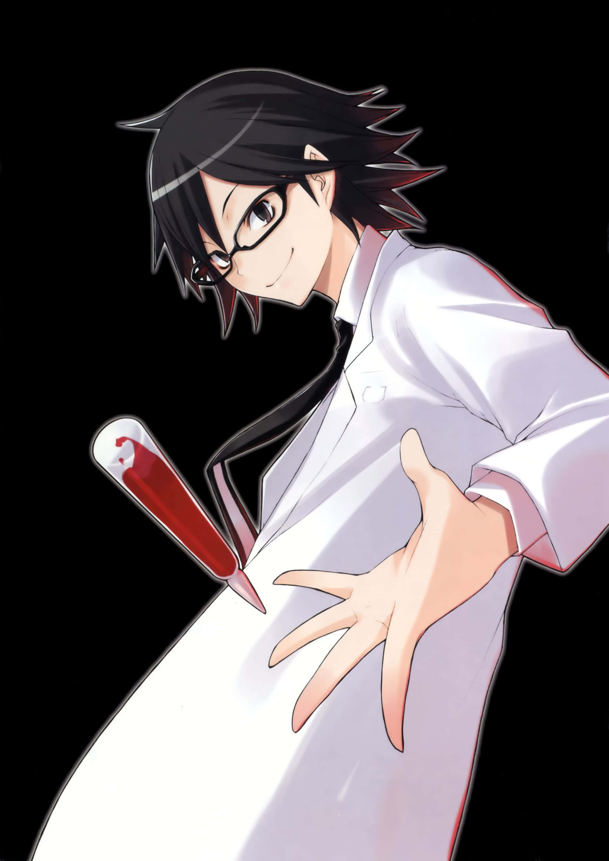 Shinra Kishitani 桌布 壁紙 — 一位微笑的動漫科學家穿著白色實驗室外套，在黑色背景前手持裝有紅色液體的試管。