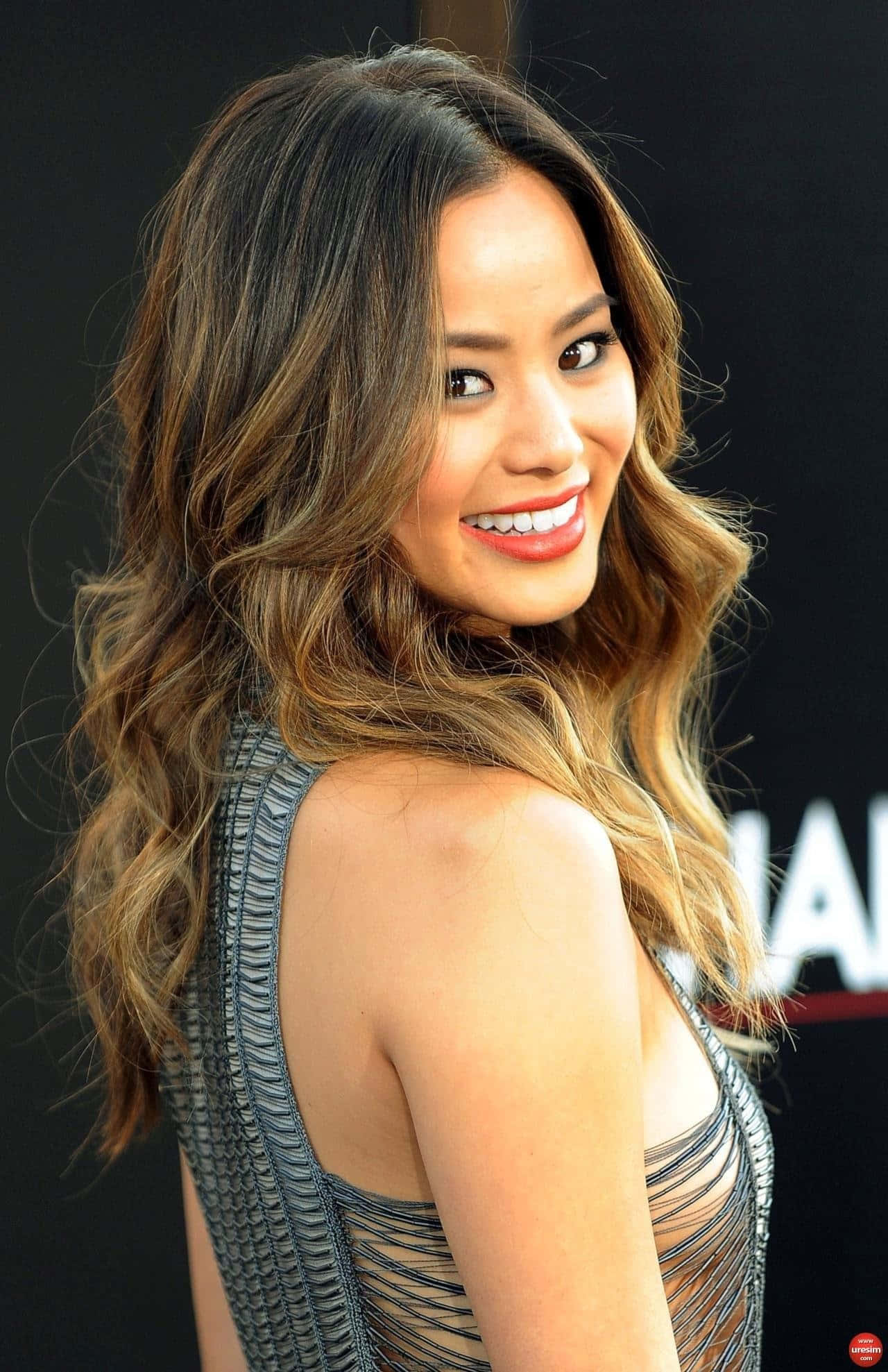Jamie Chung 桌布 壁紙 — 一位微笑的女士，棕色波浪長髮，身穿閃亮銀色禮服出席紅地毯活動。