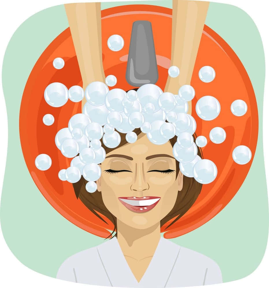 Haircare 桌布 壁紙 — 一位微笑的女子閉著眼睛，在明亮的橙色美髮沙龍洗頭盆中享受充滿泡沫的洗髮。