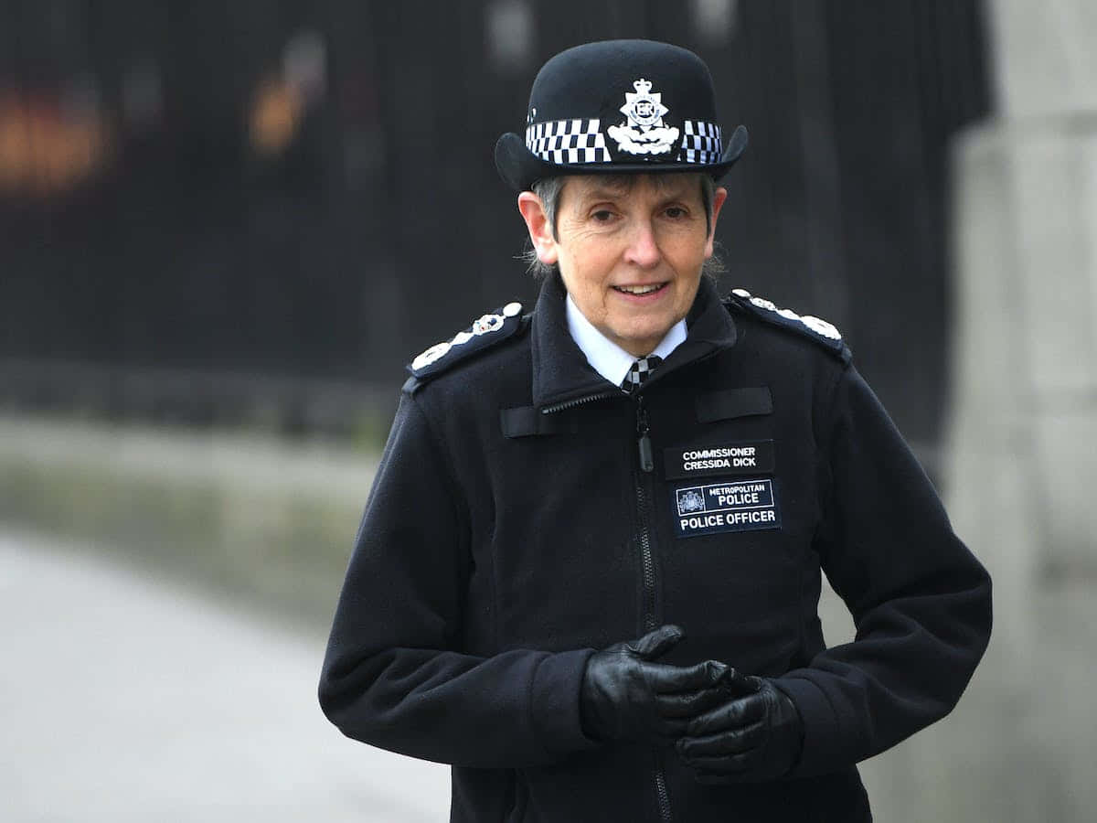 警察 桌布 壁紙 — 一位微笑的女警司身穿黑色制服和格仔帽，自信地站在戶外。