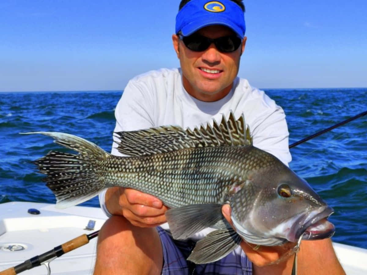 Black Sea Bass 桌布 壁紙 — 一位微笑的漁夫在船上自豪地抱著一條大斑點魚，背景是明亮的藍色海洋和天空。