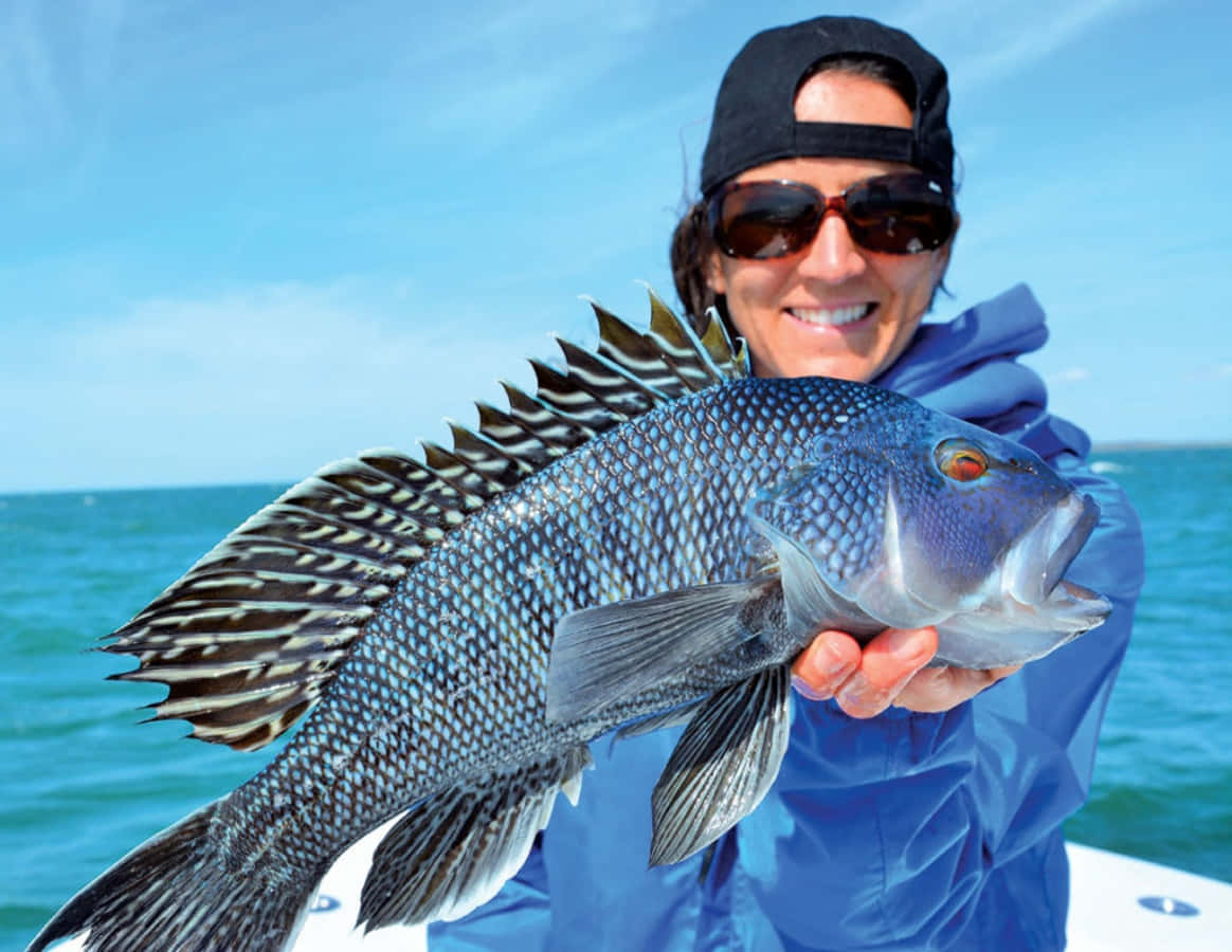 Black Sea Bass 桌布 壁紙 — 一位微笑的漁夫身穿藍色外套和黑色帽子，在明亮的藍色海洋背景下自豪地拿著一條有斑點的大魚。