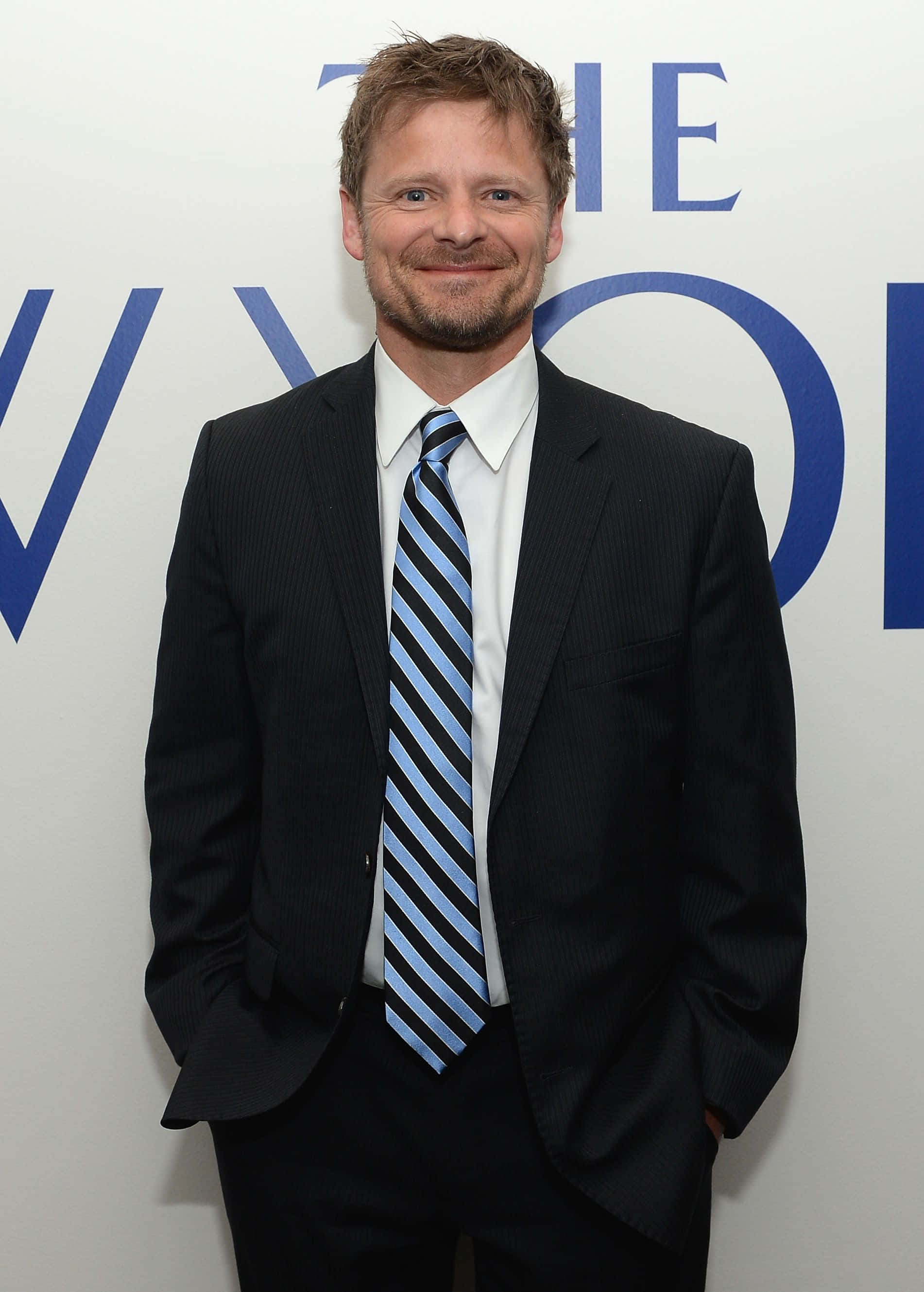 Steve Zahn 桌布 壁紙 — 一位微笑的男子身穿深色西裝和條紋領帶，雙手插袋，自信地站在藍色標誌背景前。