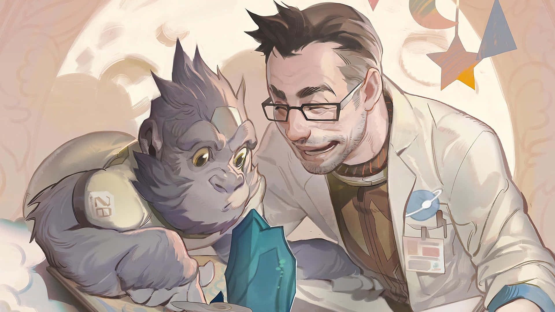 Overwatch Winston 桌布 壁紙 — 一位微笑的科學家穿著實驗室外套，輕輕檢查一顆發光的藍色水晶，旁邊有一隻好奇的灰色毛茸茸生物。