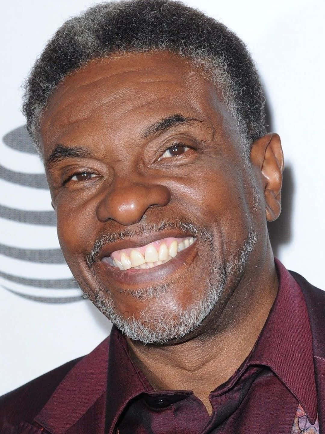 Keith David 桌布 壁紙 — 一位微笑的黑人男子，灰白頭髮和鬍鬚，穿著栗色襯衫，背景為白色並帶有灰色標誌的特寫照片。