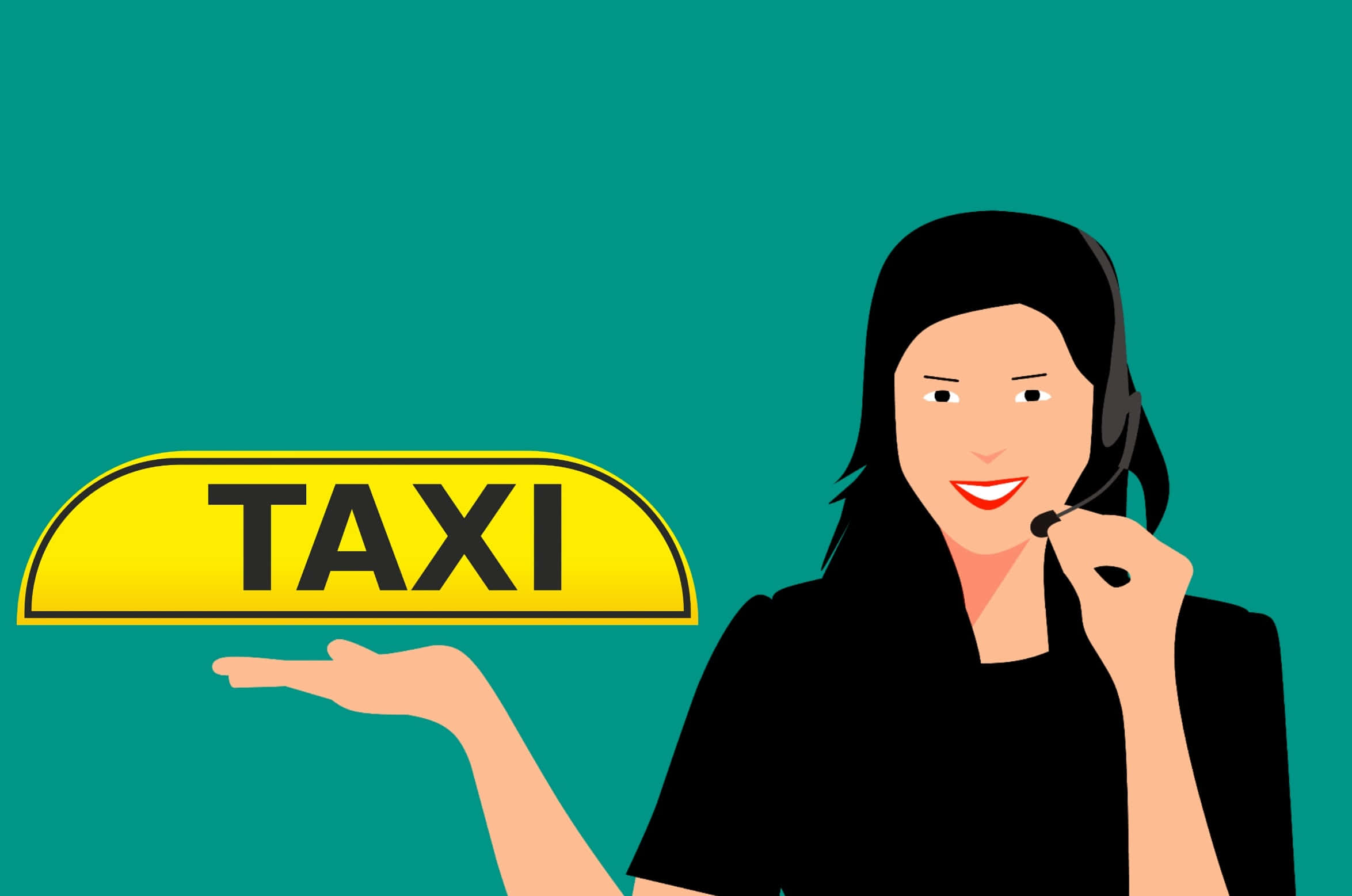 Telemarketing 桌布 壁紙 — 一位微笑的黑衫女子在青綠色背景前戴著耳機說話，手持黃色的士標誌。