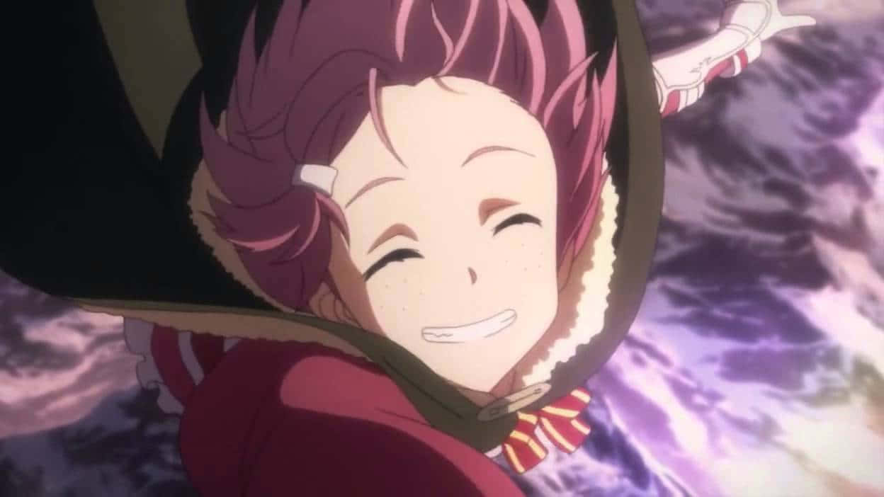 Sword Art Online Lisbeth 桌布 壁紙 — 一位快樂的動漫女孩，粉紅色頭髮，穿著紅色連帽外套，在旋轉的紫色天空中燦爛微笑。