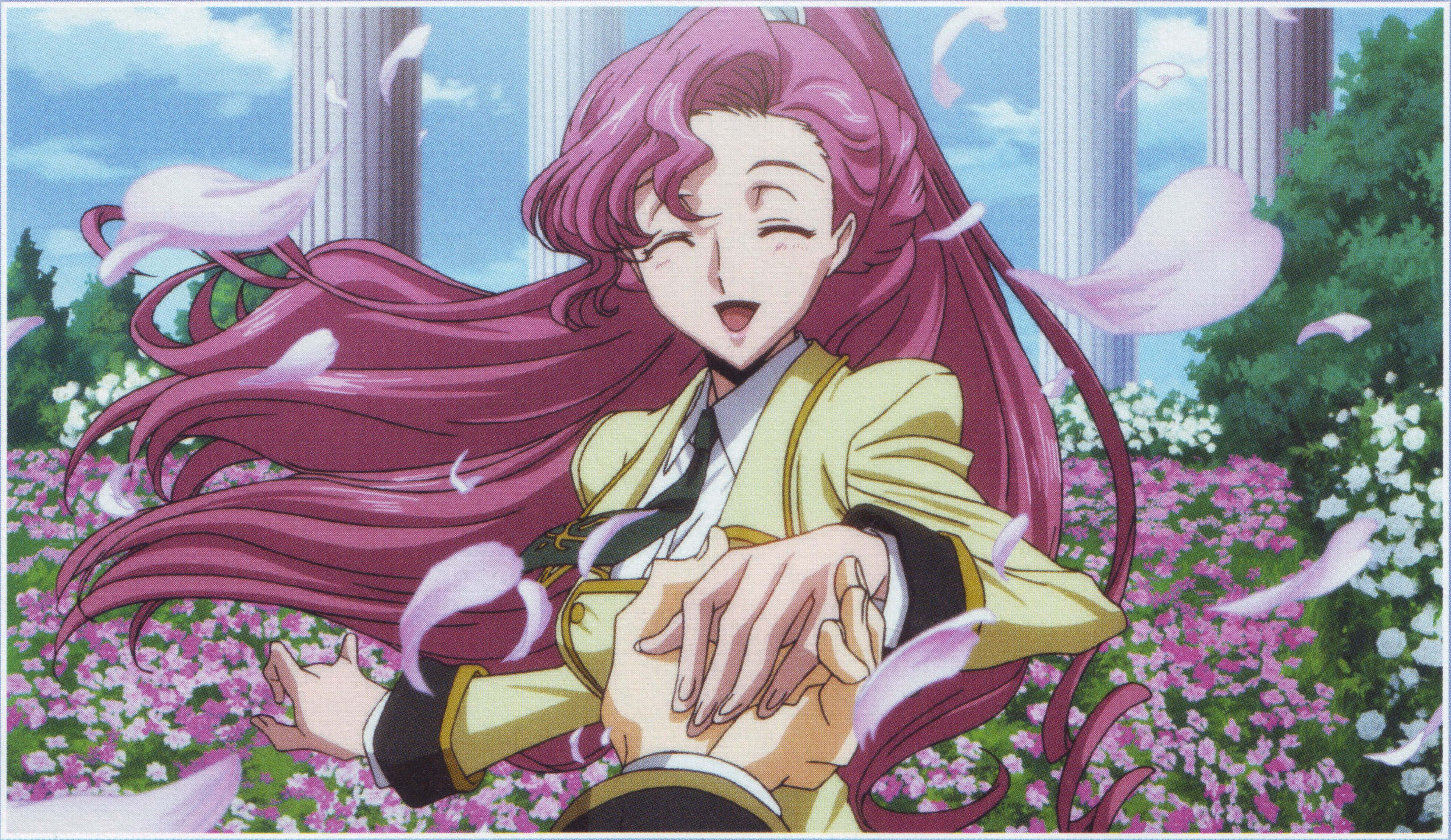 Euphemia Li Britannia 桌布 壁紙 — 一位快樂的動漫女孩，飄逸的粉紅頭髮，在陽光明媚的花園中，在飄落的櫻花中起舞。