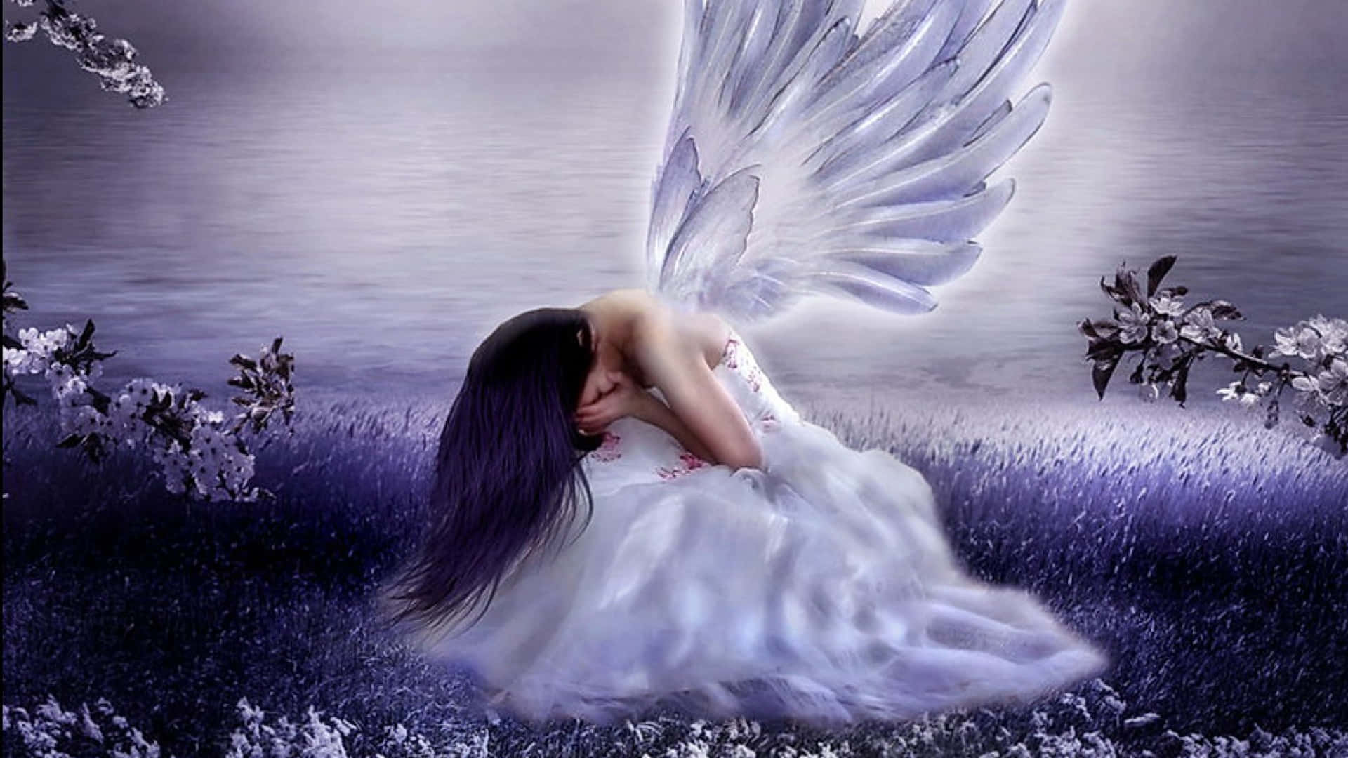 angels 桌布 壁紙 — 一位悲傷的天使，擁有半透明的翅膀，跪在紫色的花田中，低垂著頭，沉浸在靜默的哀傷中。