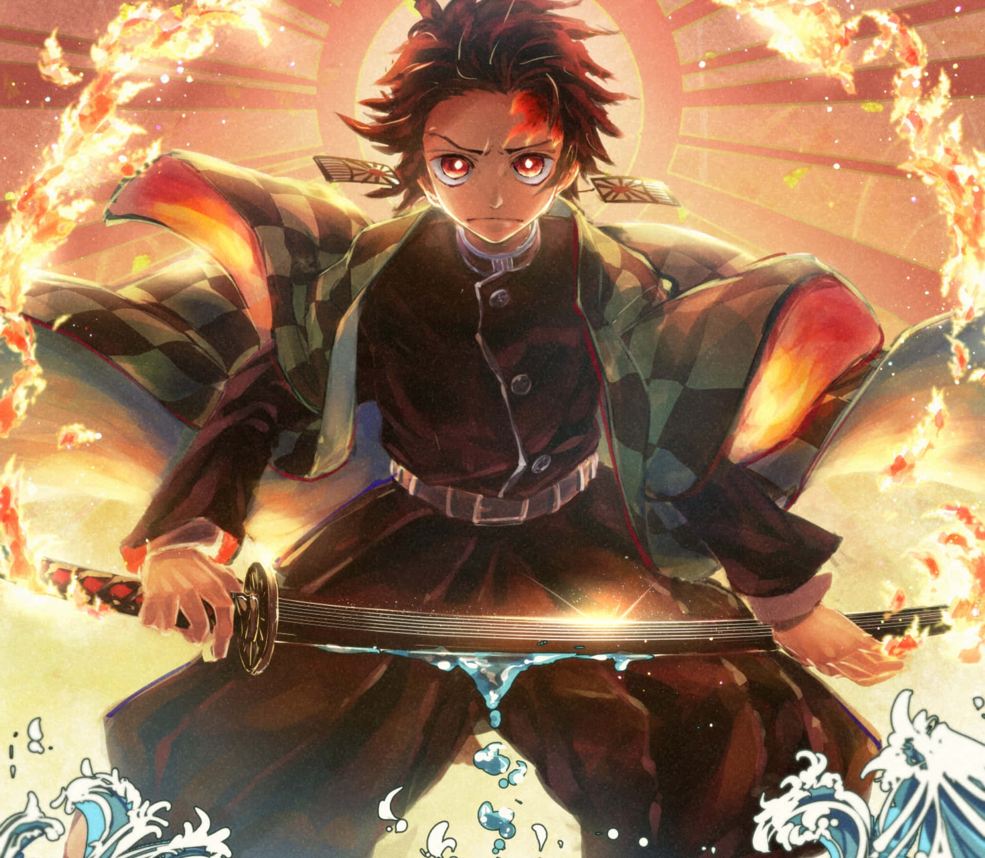 炭治郎 桌布 壁紙 — 一位意志堅定的動漫戰士，擁有火紅的眼睛和格子羽織，揮舞著一把被火焰和水紋環繞的發光劍。