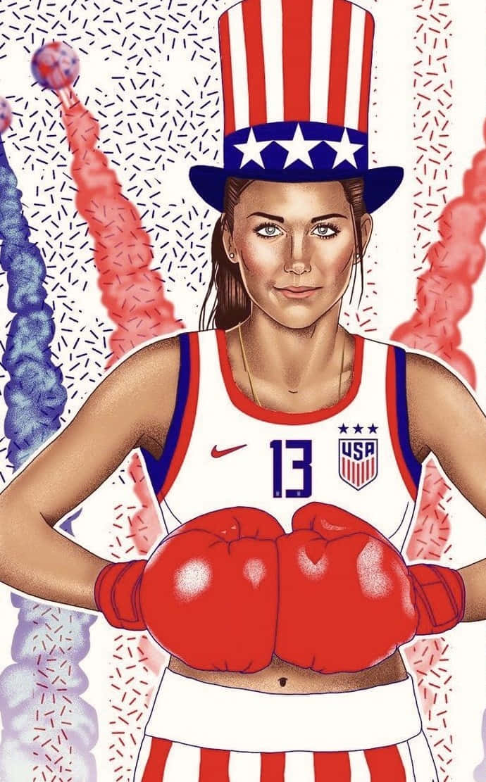 Alex Morgan 桌布 壁紙 — 一位愛國的女拳擊手身穿美國球衣和高帽，戴著紅色手套，自信地站在節日五彩紙屑背景前。