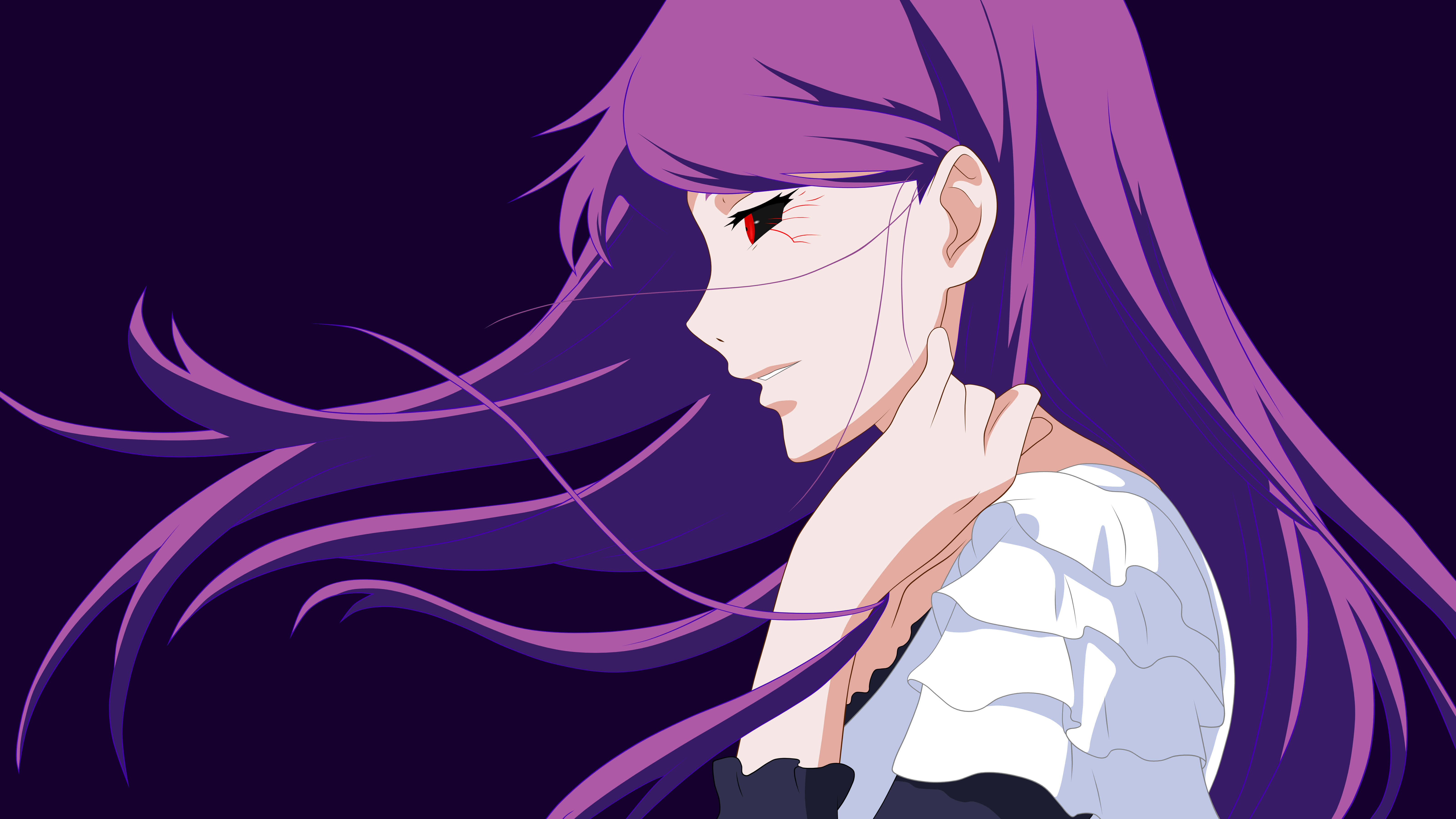 Rize Kamishiro 桌布 壁紙 — 一位憂鬱的動漫女孩，擁有飄逸的紫色長髮和紅色眼睛，在深紫色背景下低頭凝視。