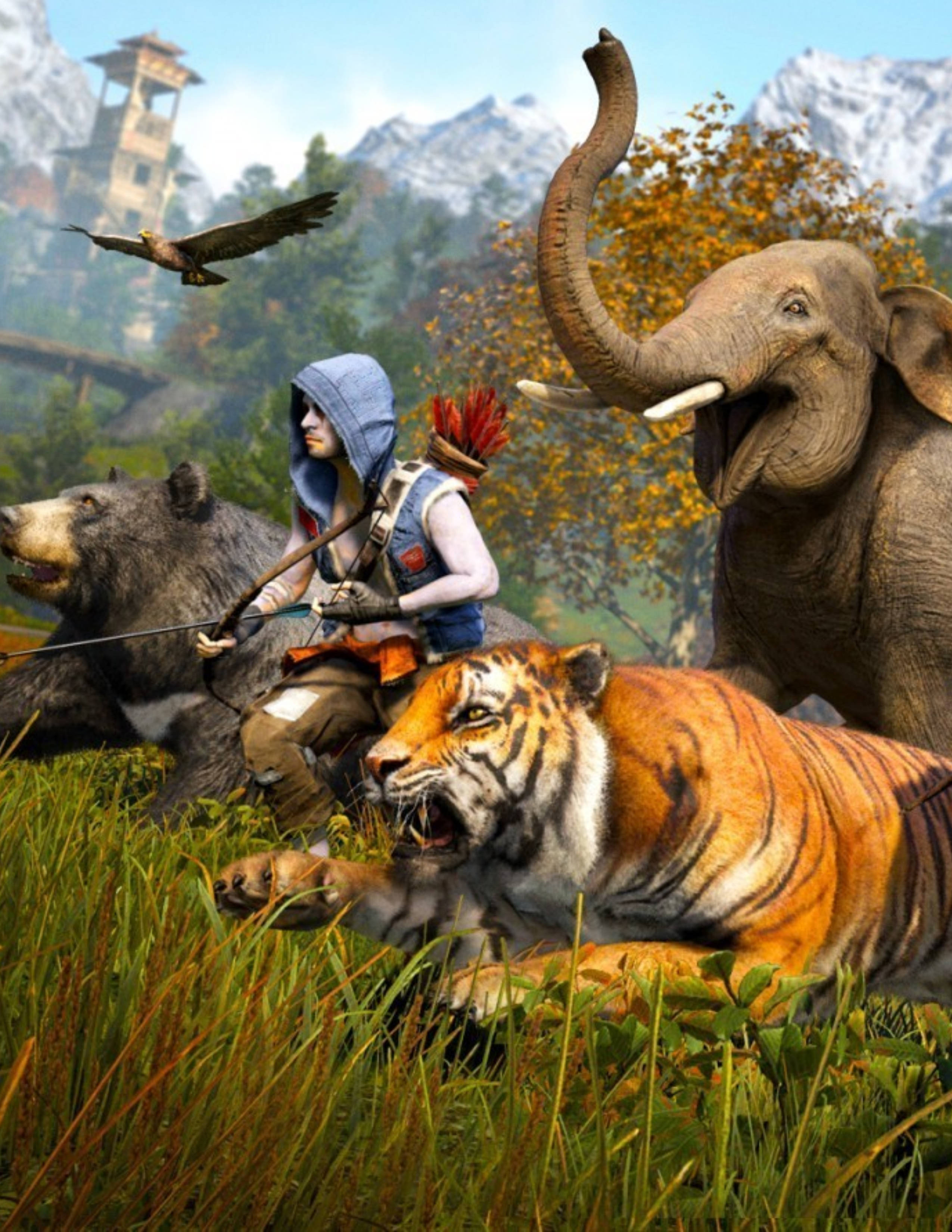 far cry iPhone 桌布 壁紙 — 一位戴兜帽的冒險者騎著熊穿過草地，附近有一隻老虎在咆哮，旁邊有一頭大象在鳴叫。