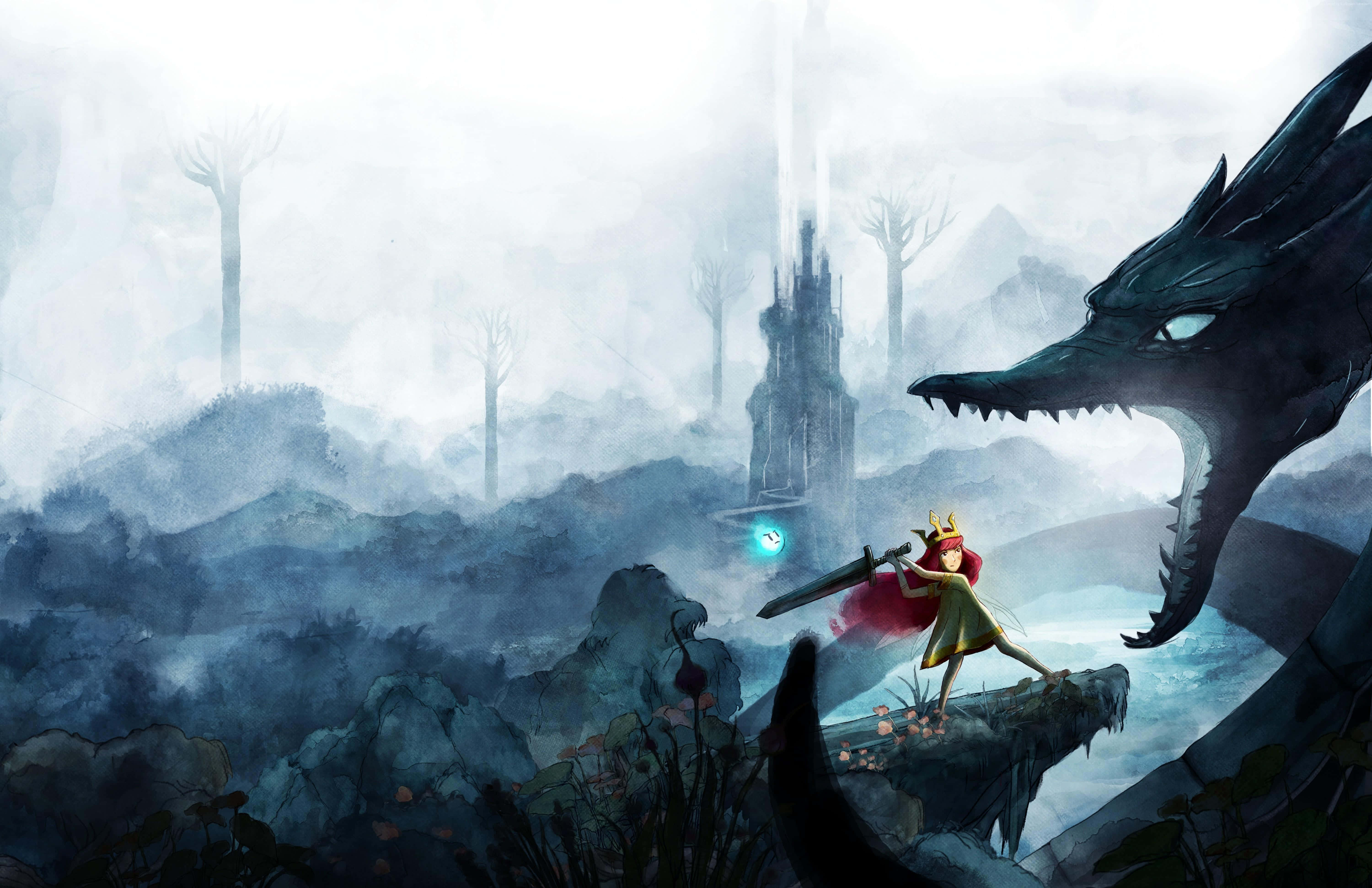 Rpg Games 桌布 壁紙 — 一位戴冠戰士挑釁地站在懸崖邊，揮舞著發光的劍對抗一條巨龍，背景是迷霧籠罩、荒涼的景觀和遠處的城堡。