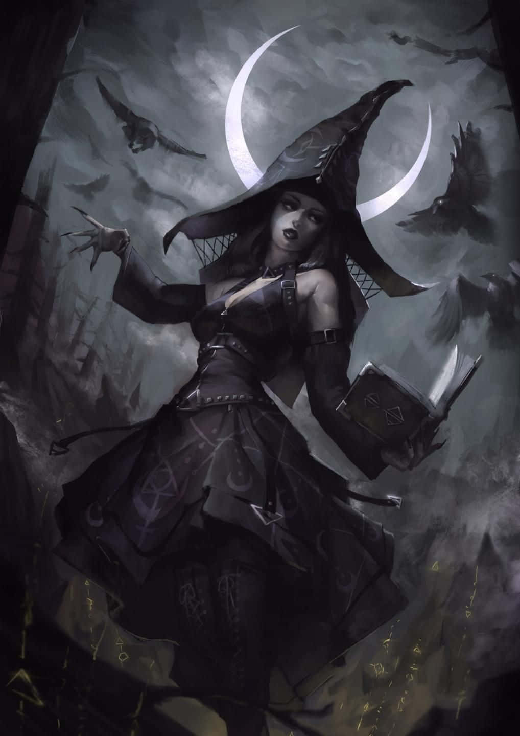 Dark Witch 桌布 壁紙 — 一位戴尖帽子的黑暗女巫站在暴風雨的天空下，新月和烏鴉在她周圍盤旋。