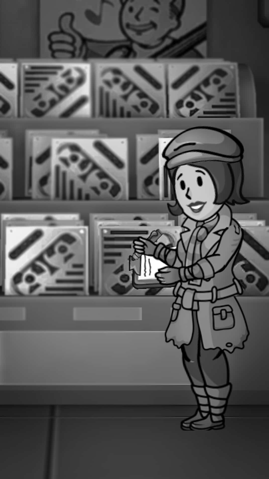 Fallout Shelter 桌布 壁紙 — 一位戴帽子和穿風衣的開心卡通女性，在擺滿圖案盒子的貨架前拿著剪貼板。