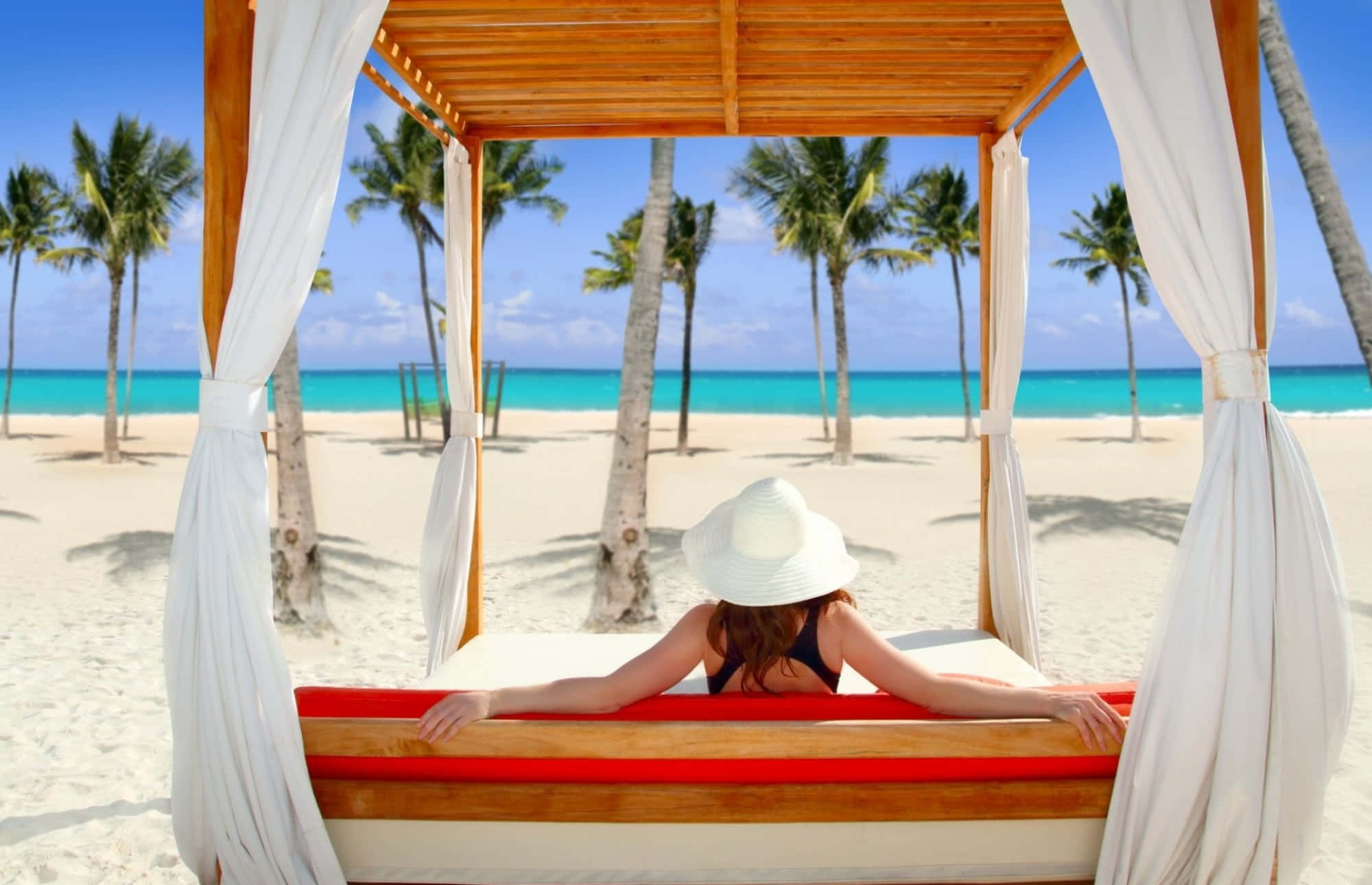Beach Daybed 桌布 壁紙 — 一位戴白色帽子的女士在木製小屋床上放鬆，俯瞰著碧綠的海洋和棕櫚樹，天空清澈湛藍。