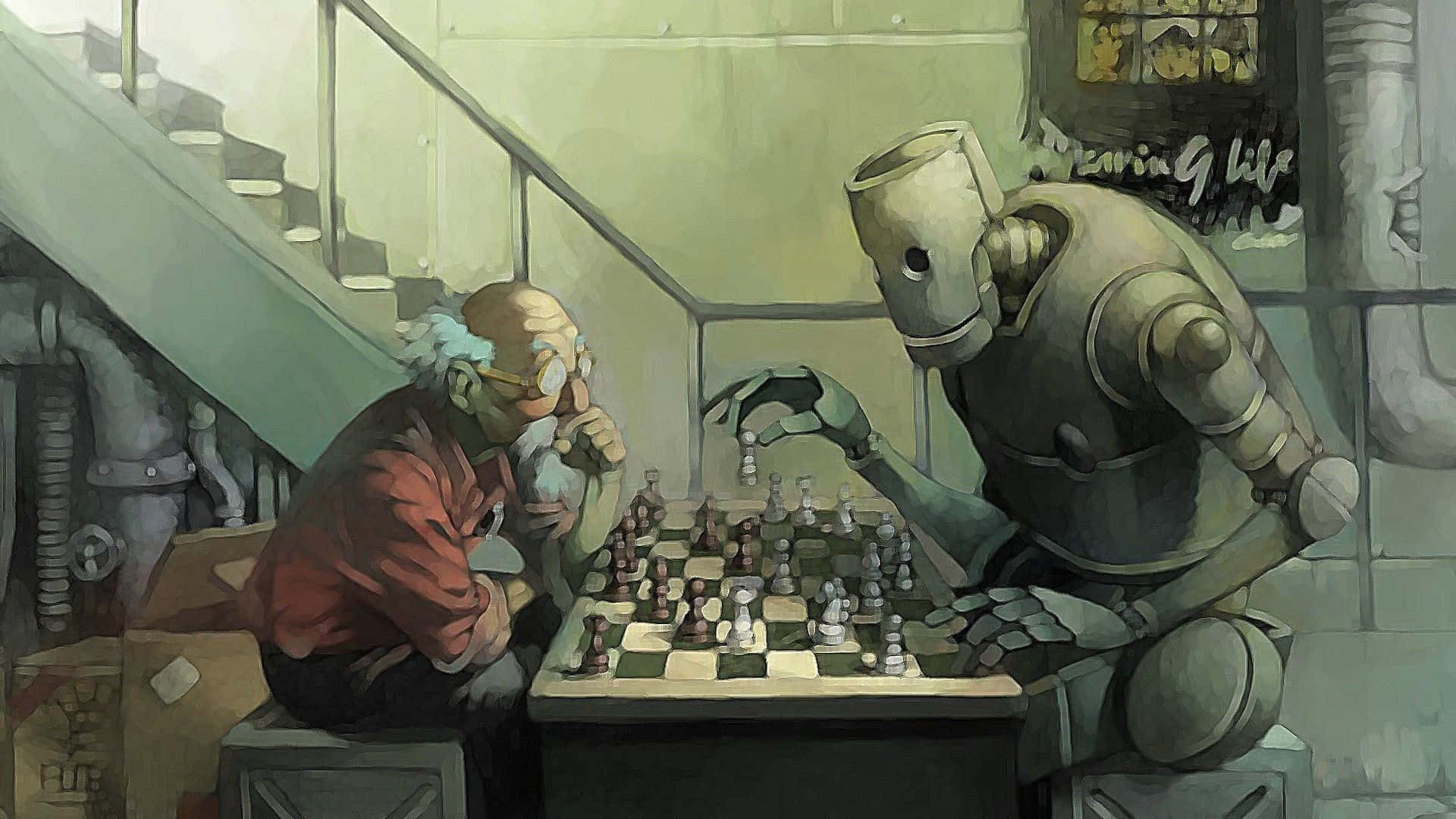思考 桌布 壁紙 — 一位戴眼鏡、留白鬍子的長者，在燈光昏暗的工業地下室與金屬機械人下棋。