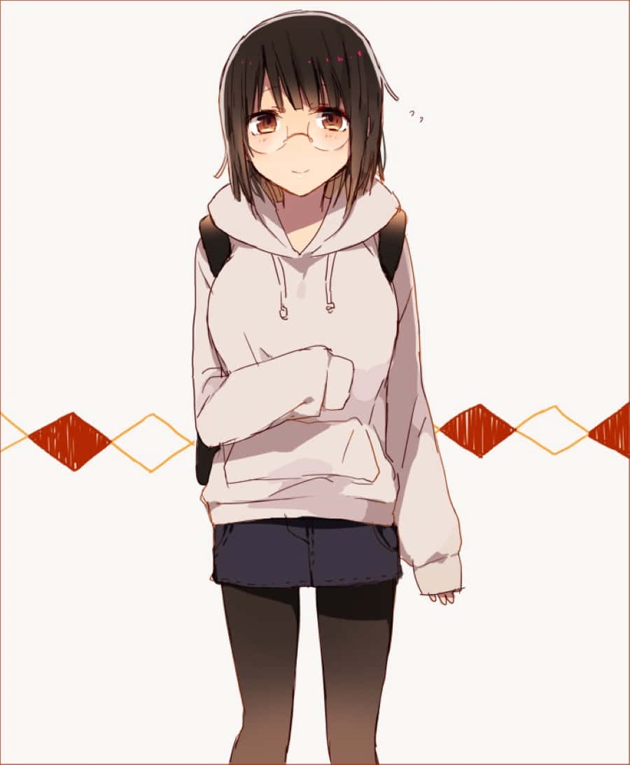 Anri Sonohara 桌布 壁紙 — 一位戴眼鏡、穿白色連帽衫的年輕動漫女孩，雙臂交叉，站在極簡背景前，背景有紅色和金色的幾何圖案。