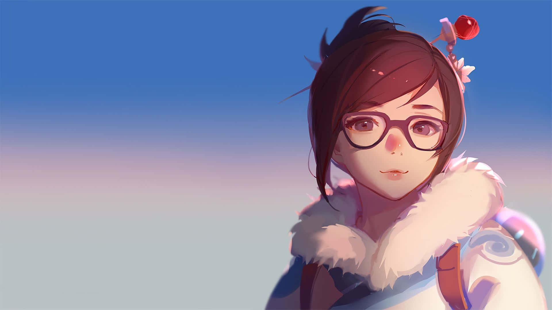Overwatch Mei 桌布 壁紙 — 一位戴眼鏡、穿著毛絨領的年輕動漫女孩，柔和地凝視著寧靜的藍粉漸變天空。