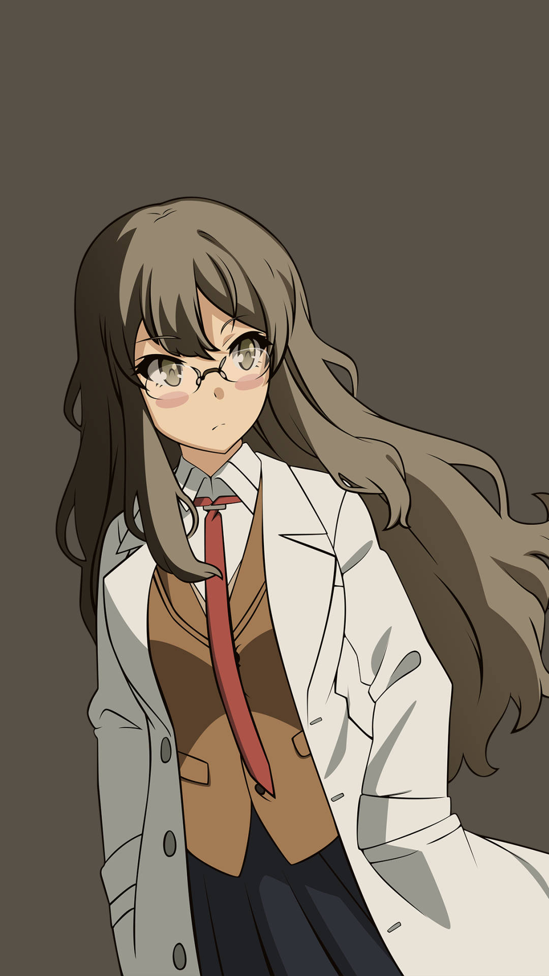 《Rascal Does Not Dream Of Bunny Girl Senpai》Rio Futaba 壁紙 — 一位戴眼鏡、長棕色頭髮的年輕動漫女孩，在純灰色背景前穿著白色實驗室外套在校服外面。