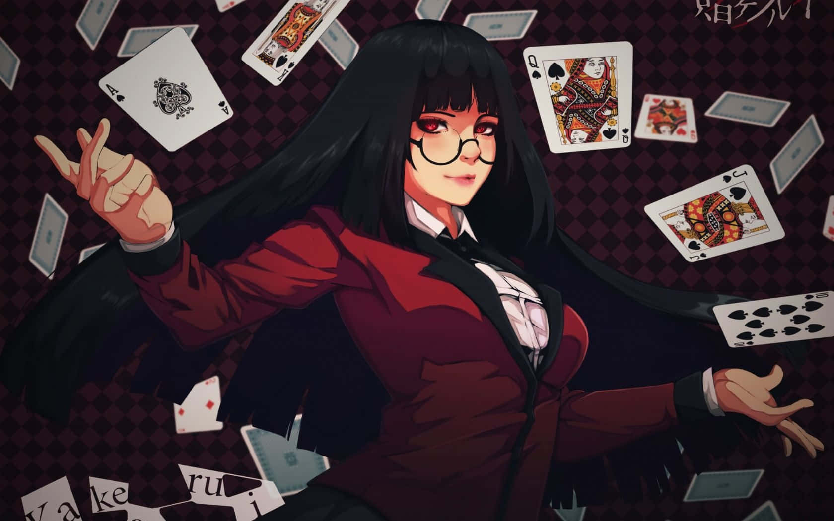 Kakegurui 桌布 壁紙 — 一位戴眼鏡、長黑髮的時尚動漫女孩，在棋盤格背景前操控漂浮的撲克牌。