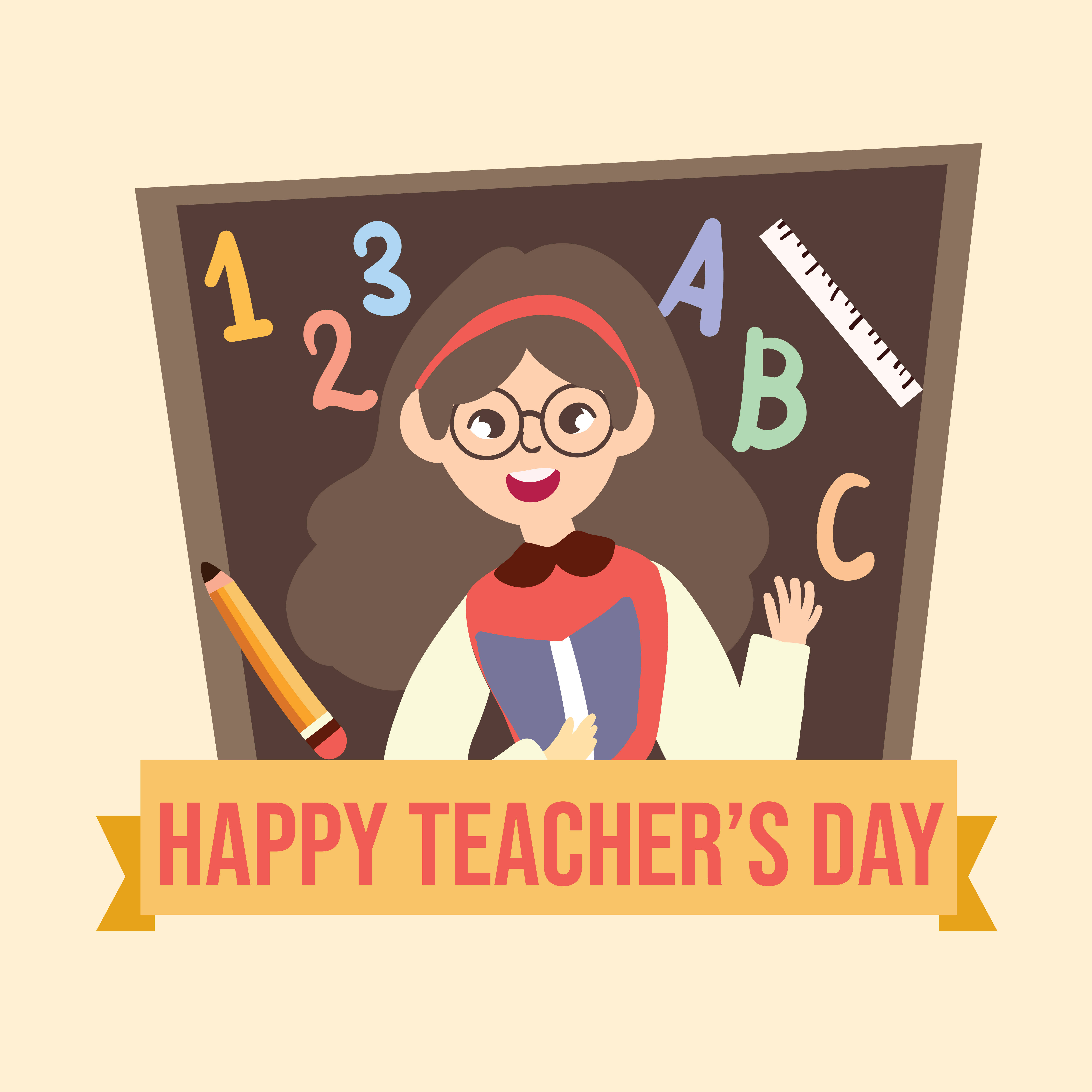 Happy Teachers Day 桌布 壁紙 — 一位戴眼鏡和紅色頭帶的開朗卡通老師在充滿彩色數字和字母的黑板後面微笑。